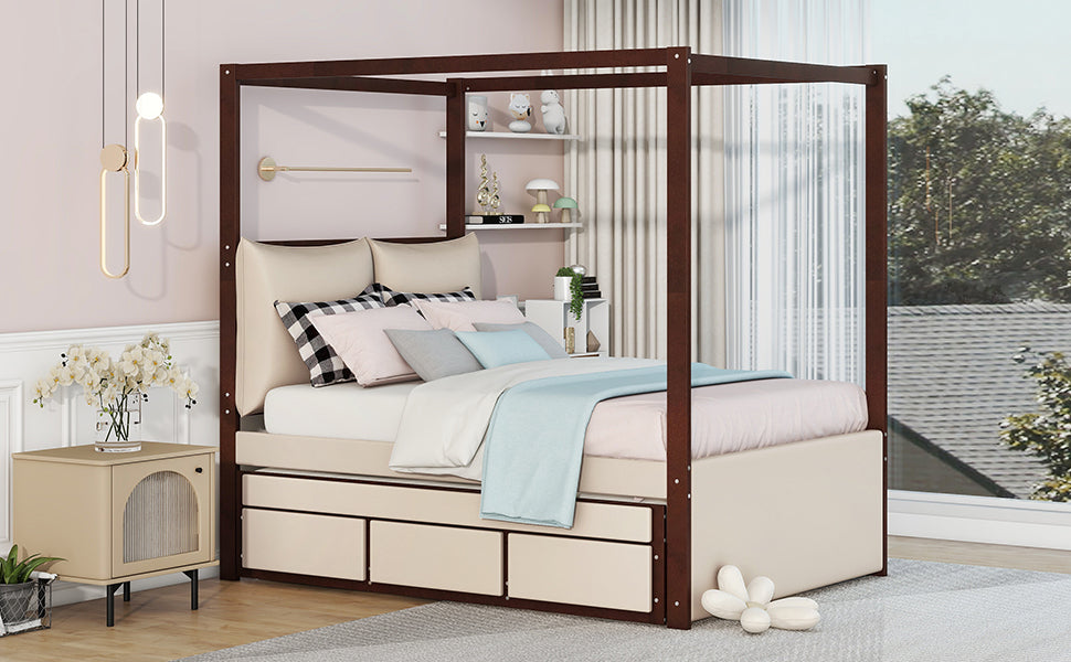 Full Size Upholstered Canopy Bed with Trundle and 3 Drawers, Beige