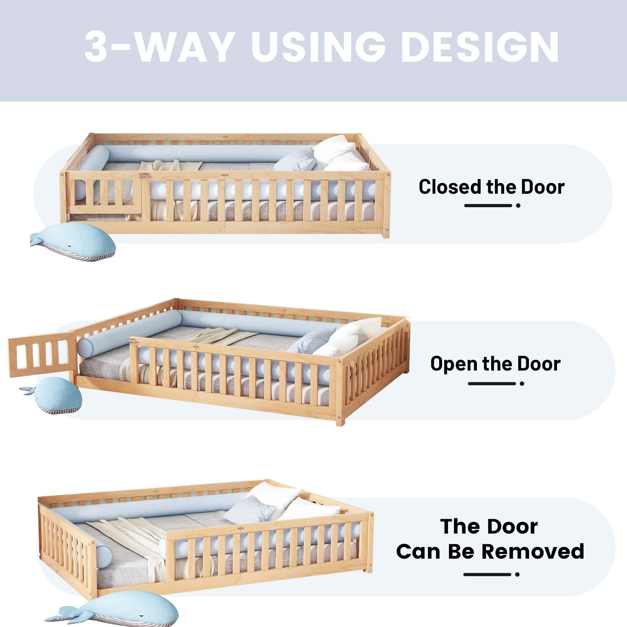 Queen Size Bed Floor Bed with Safety Guardrails and Door for Kids, Natural (Expect Arrival Date Nov.2nd)
