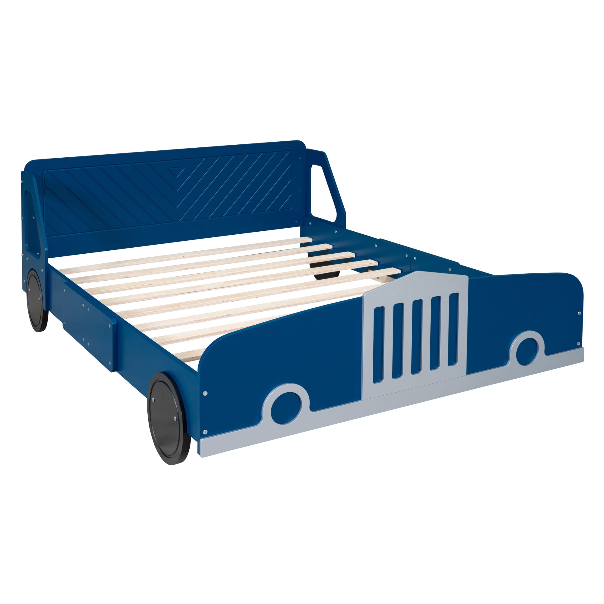 Full Size Car-Shaped Platform Bed with Wheels,Blue
