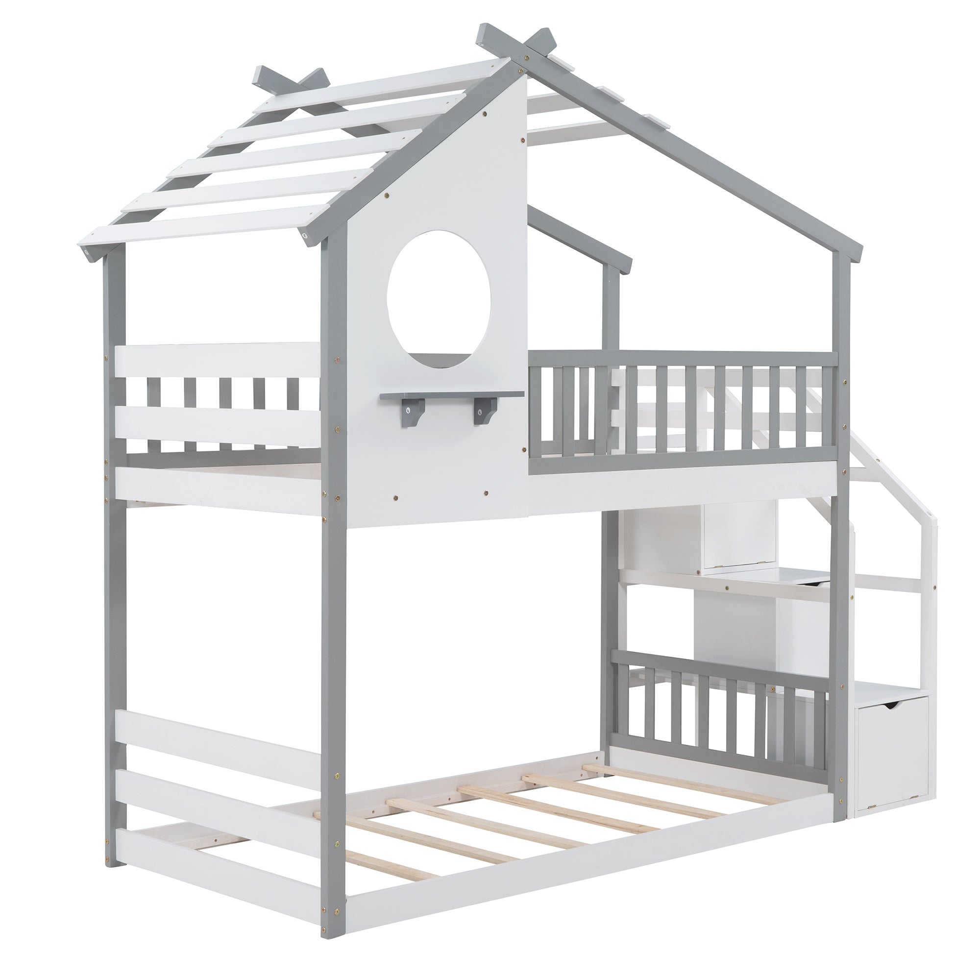 Stairway Twin-Over-Twin Bunk Bed,House Bed,Storage and Guard Rail,Gray Bed +White Stair