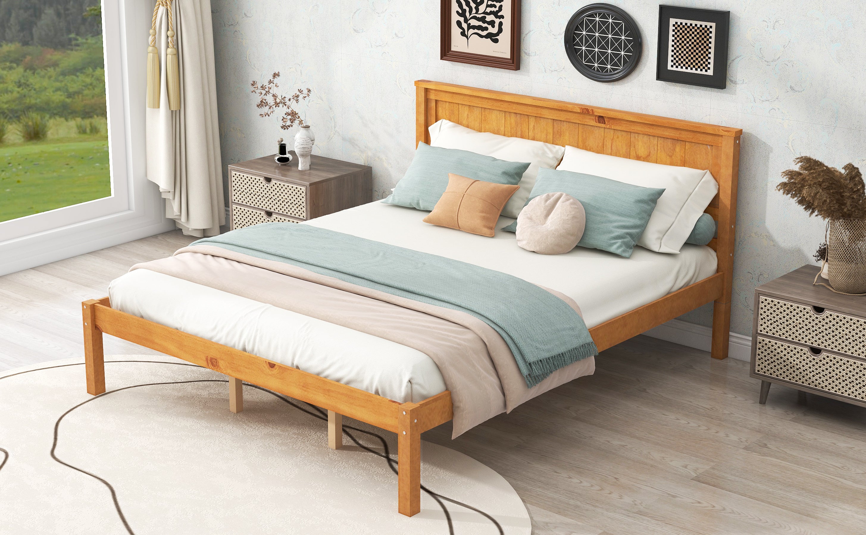 Platform Bed Frame with Headboard, Wood Slat Support, No Box Spring Needed, Queen, Oak