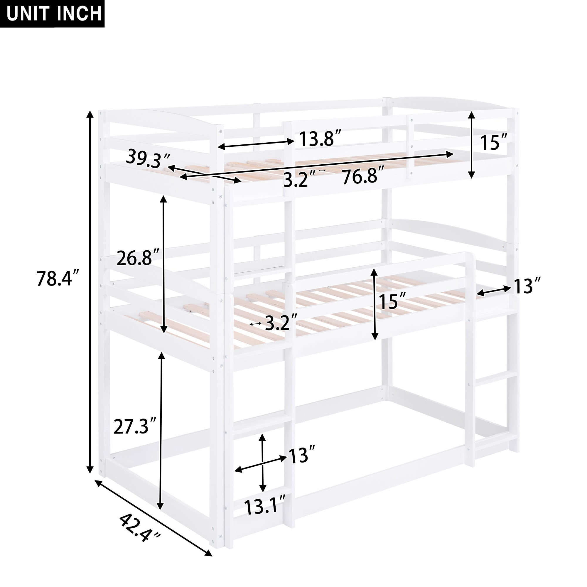 Twin over Twin over Twin Triple Bunk Bed,White