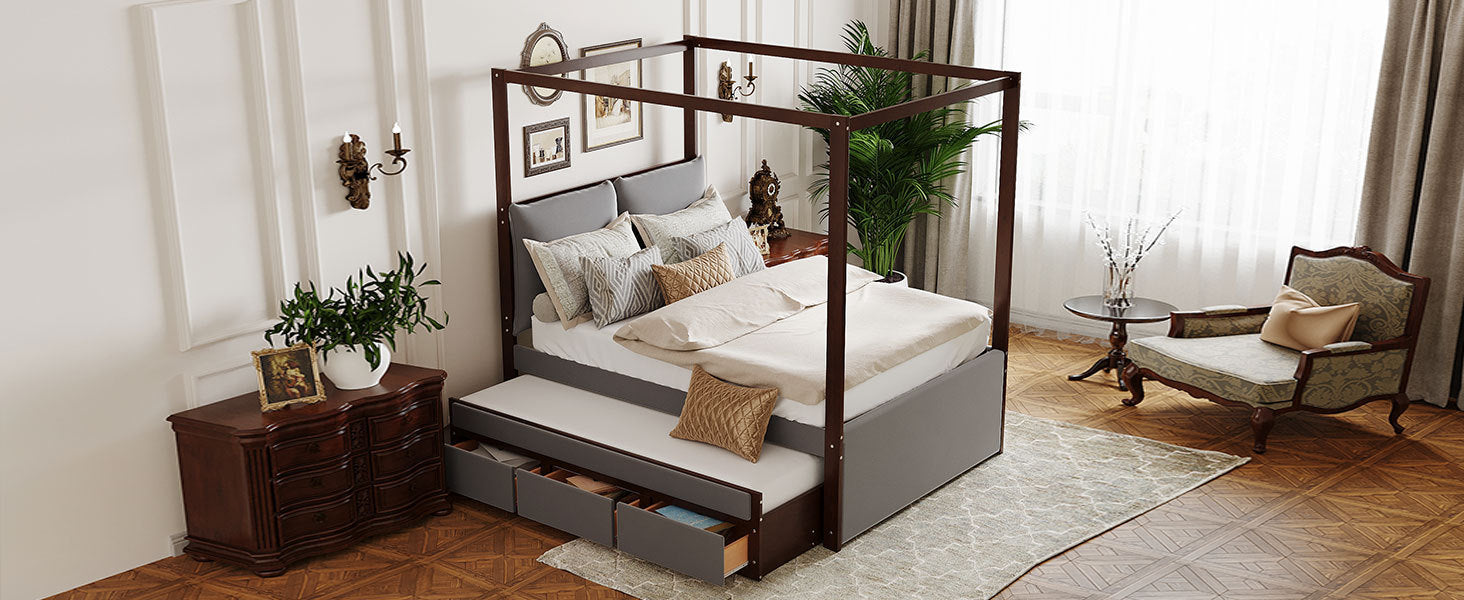 Full Size Upholstered Canopy Bed with Trundle and 3 Drawers, Gray