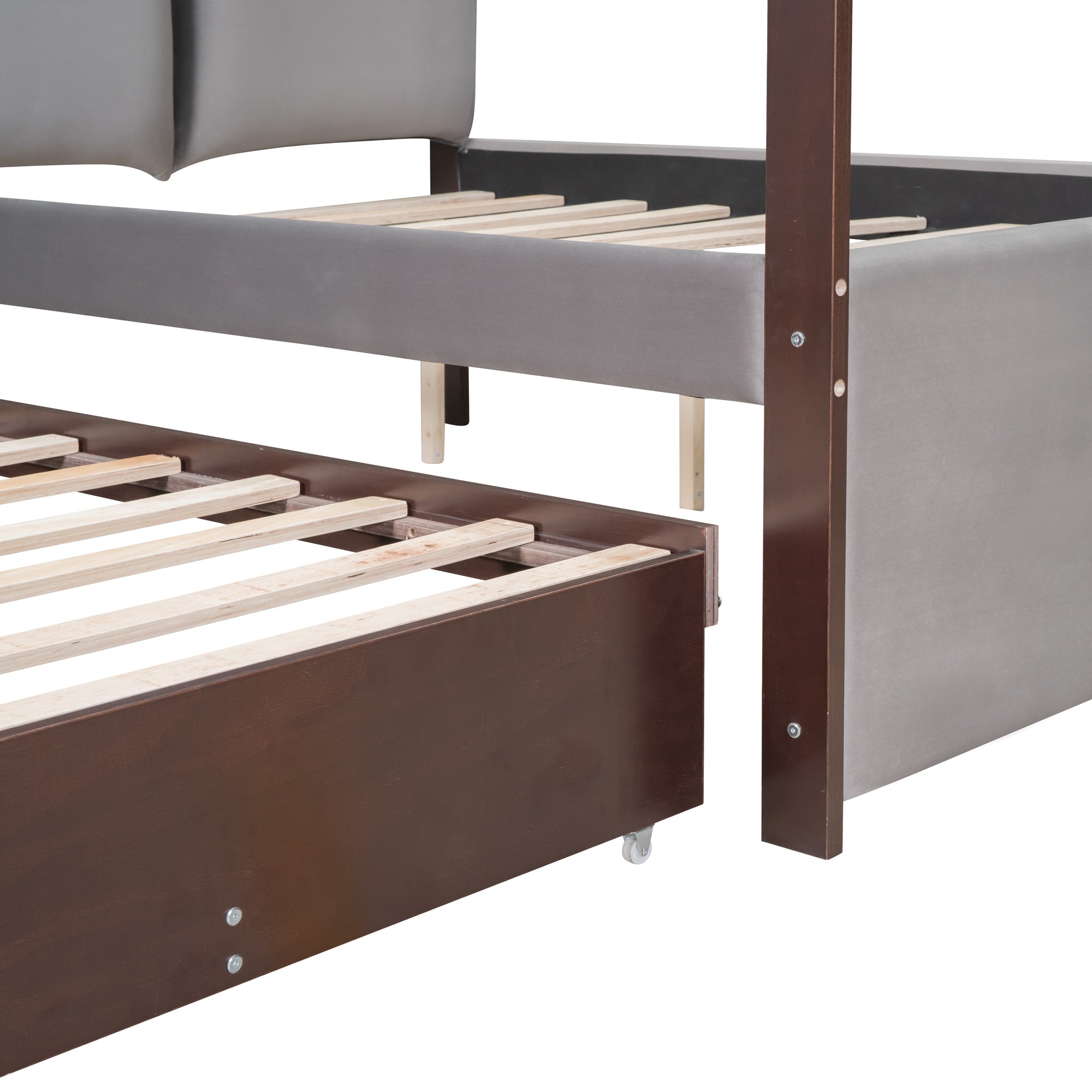 Full Size Upholstered Canopy Bed with Trundle and 3 Drawers, Gray