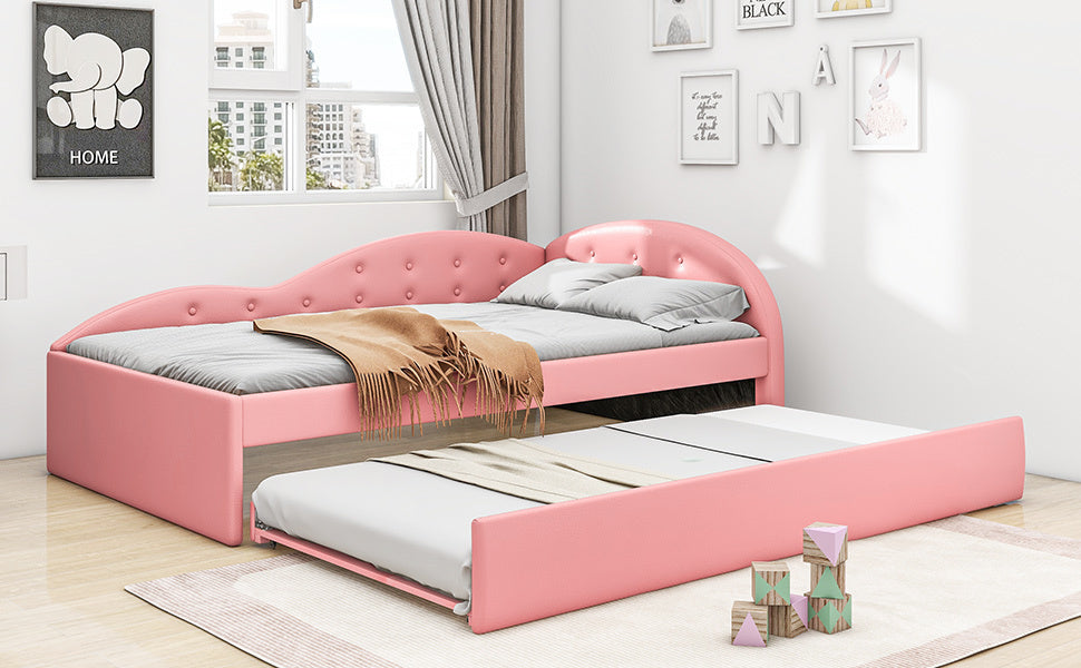 Twin Size PU Upholstered Tufted Daybed with Trundle and Cloud Shaped Guardrail, Pink