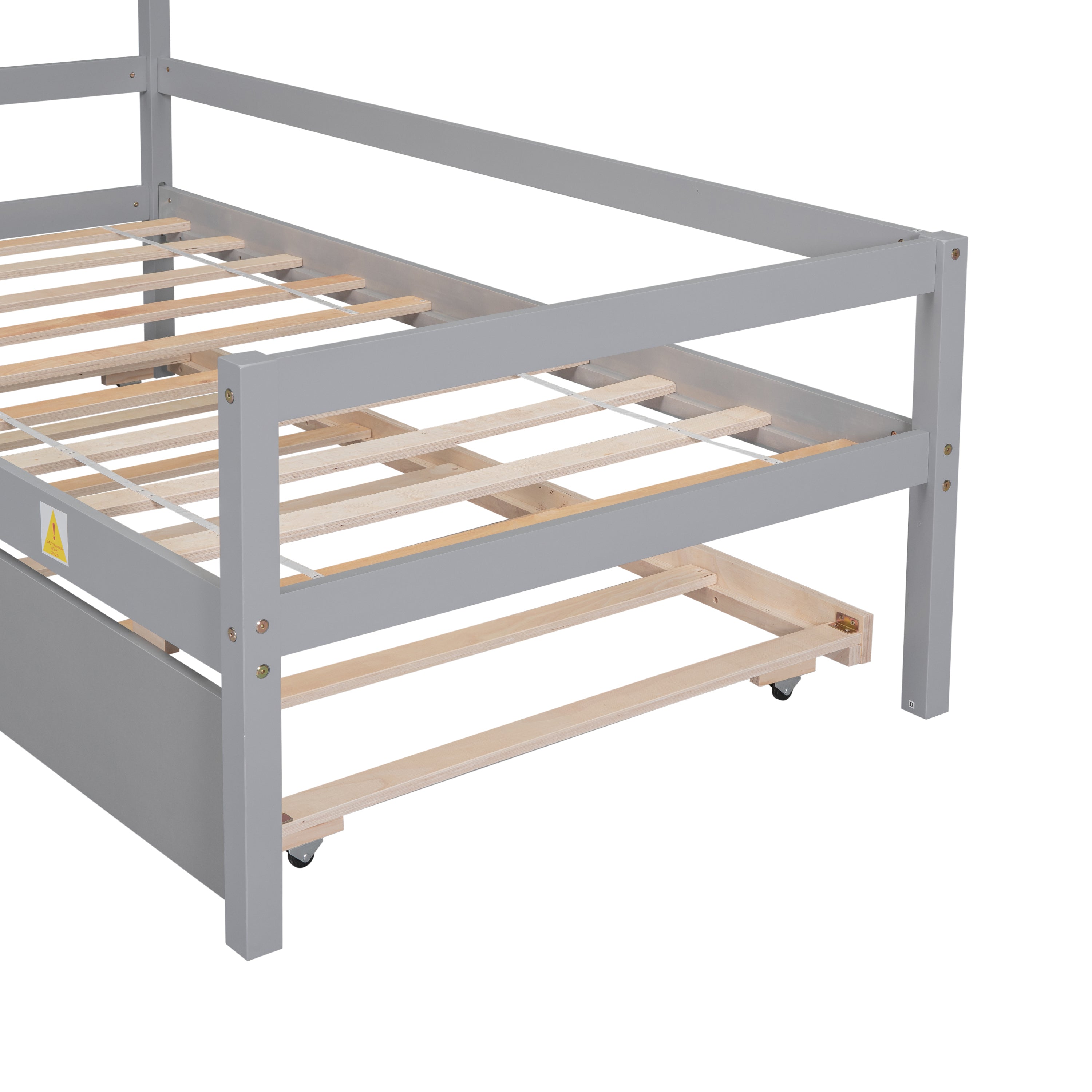 Twin Wooden Daybed with trundle, Twin House-Shaped Headboard bed with Guardrails,Grey