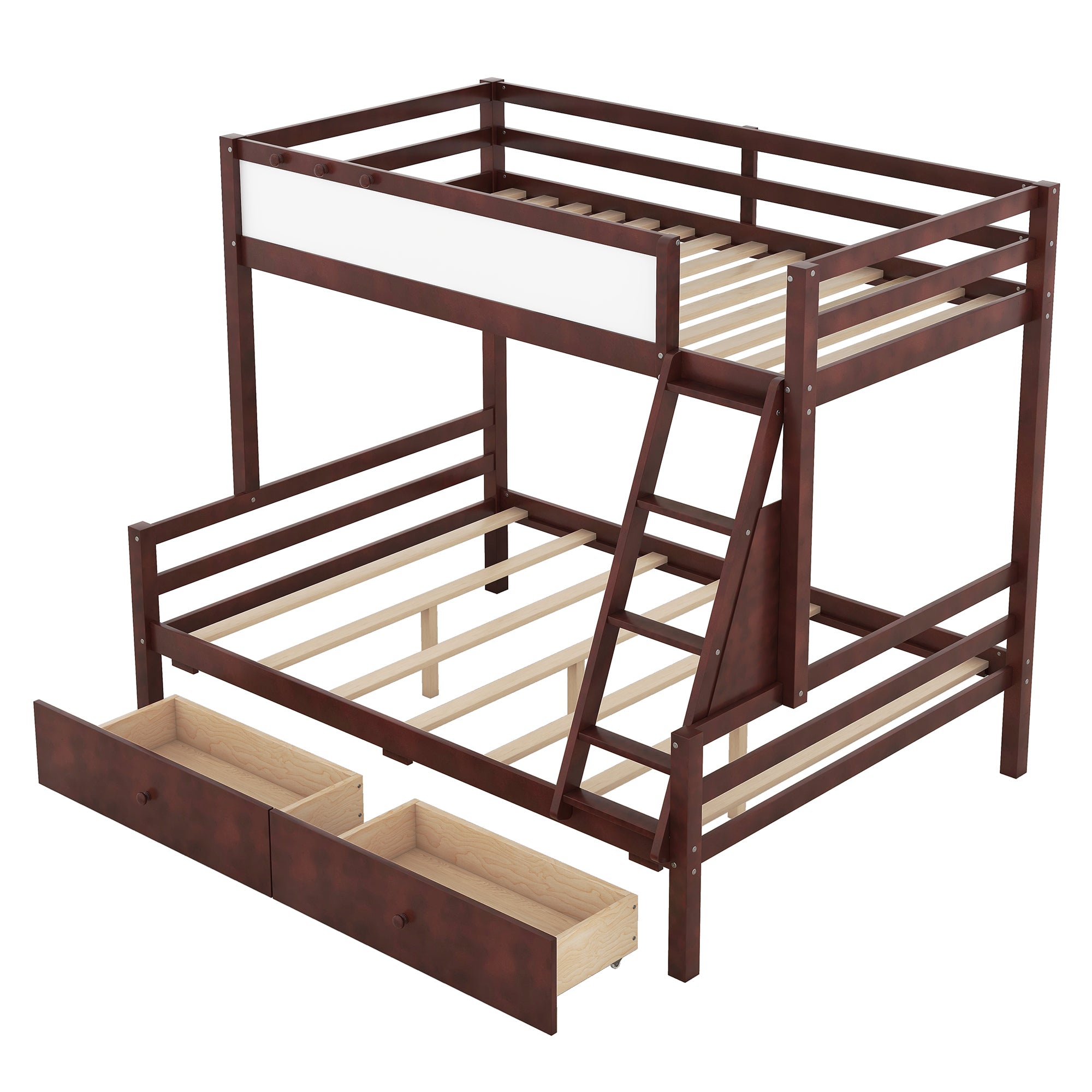 Wood Twin over Full Bunk Bed with Whiteboard, 3 Hooks and 2 Drawers, Espresso
