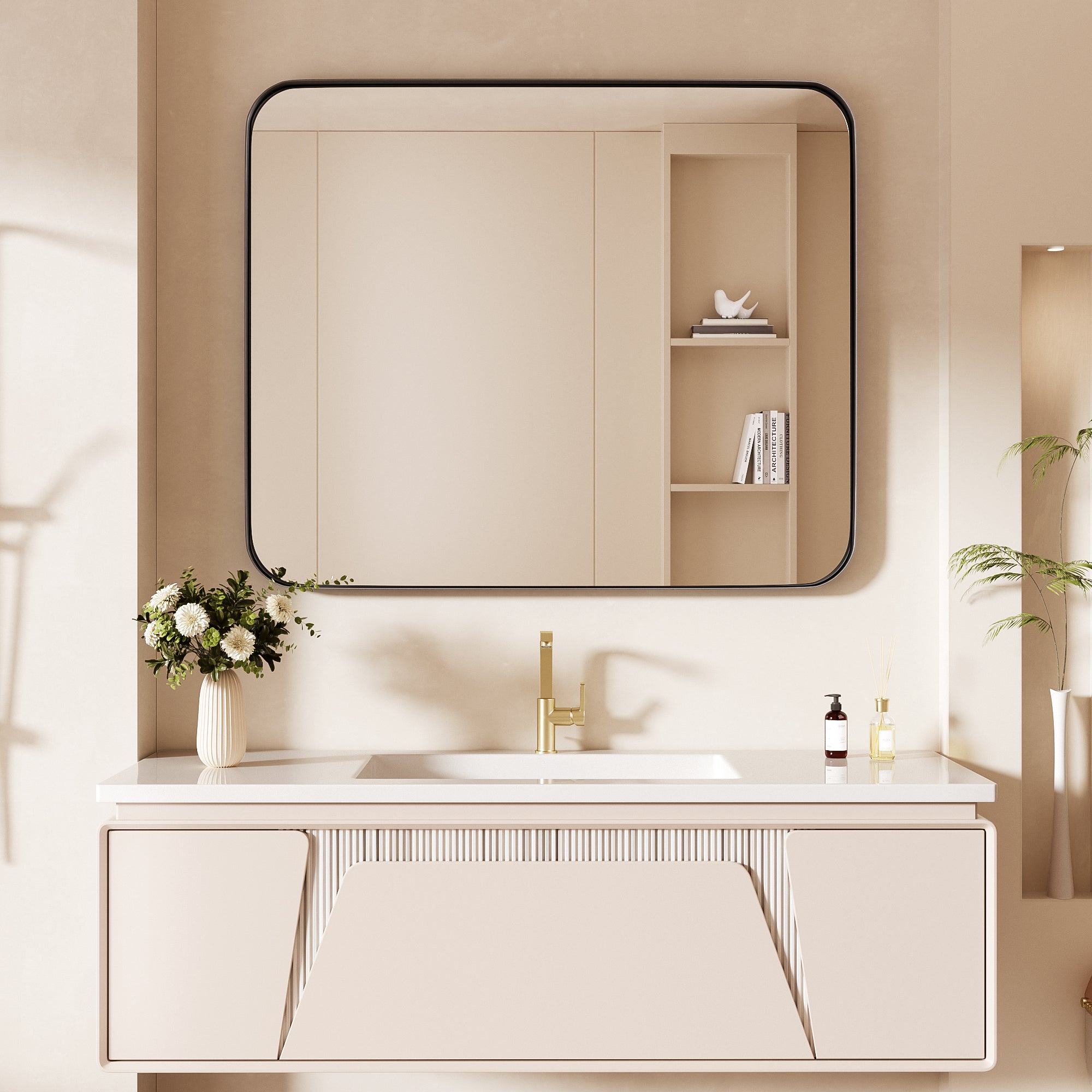 36 in. W x 30 in. H Tempered Glass Rectangular Framed Wall-Mounted Bathroom Vanity Mirror in Black
