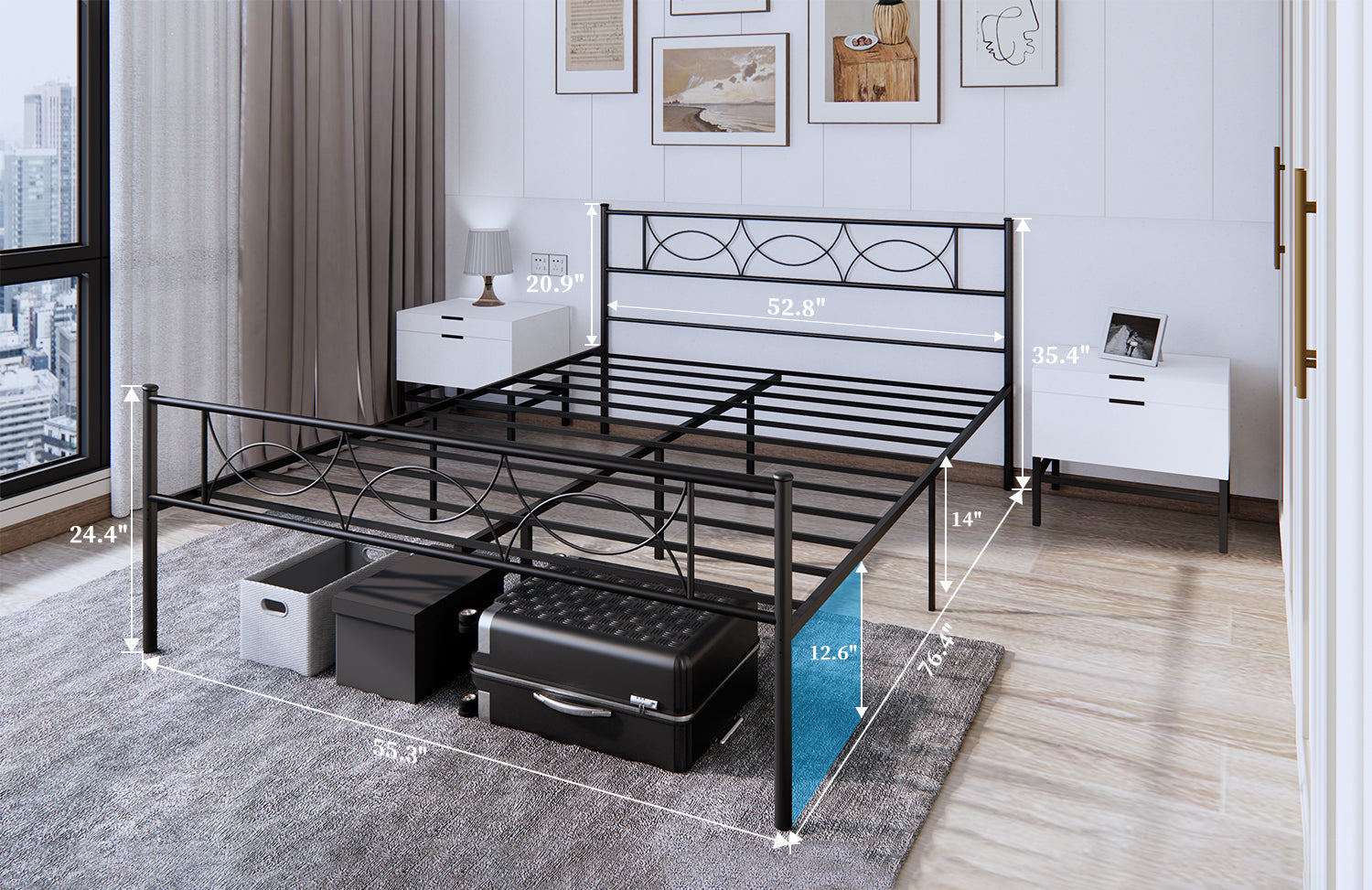 Full Size Bed Frame with Headboard No Box Spring Needed, Black