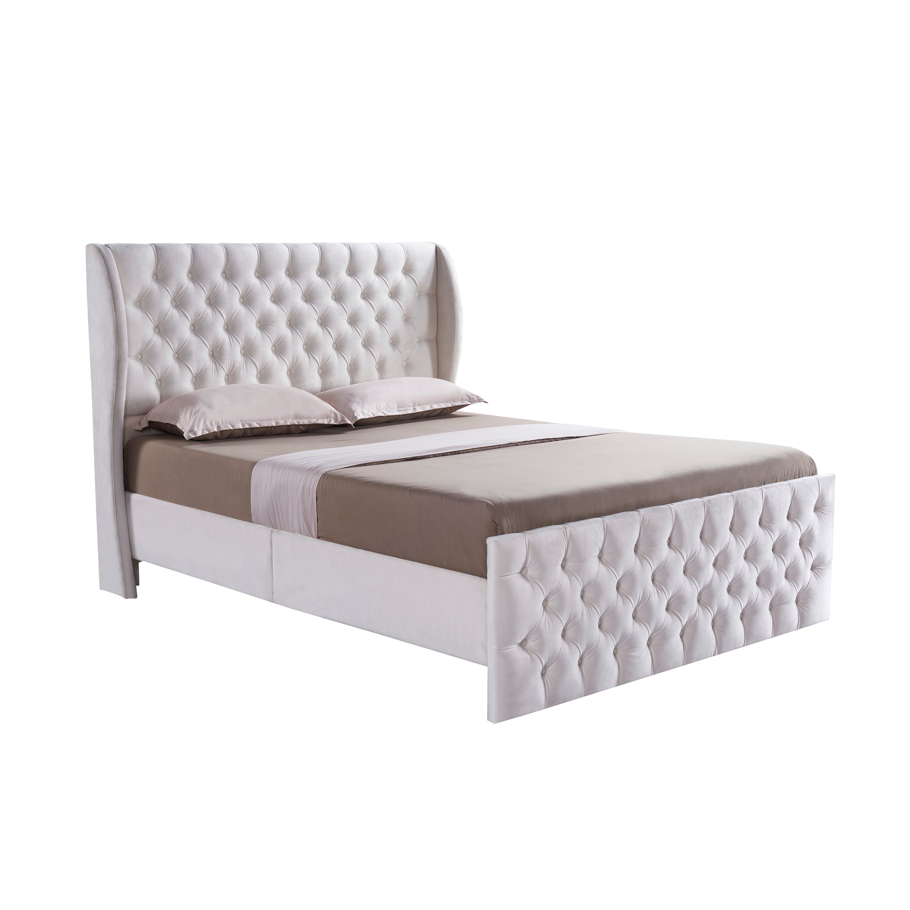 Rodeo Drive Collection Upholstered Wingback Velvet Fabric Chesterfield Bed/Button Tufted Headboard with Vintage Wing/Wood Slat Support/Easy Assemble. King-White