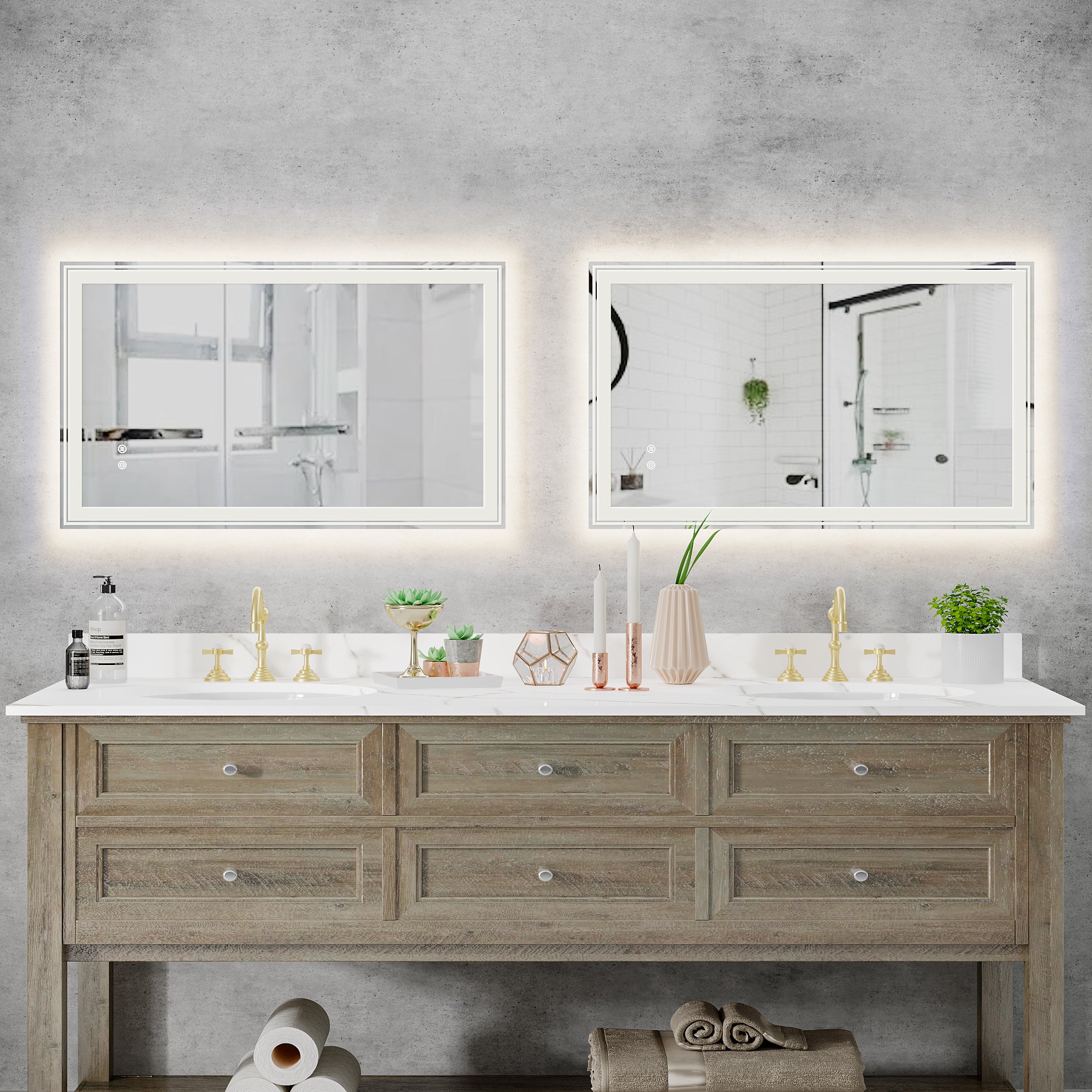 LED-Lit bathroom mirror, wall mounted anti-fog memory Adjustable Brightness front and back light Rectangular Vanity mirror