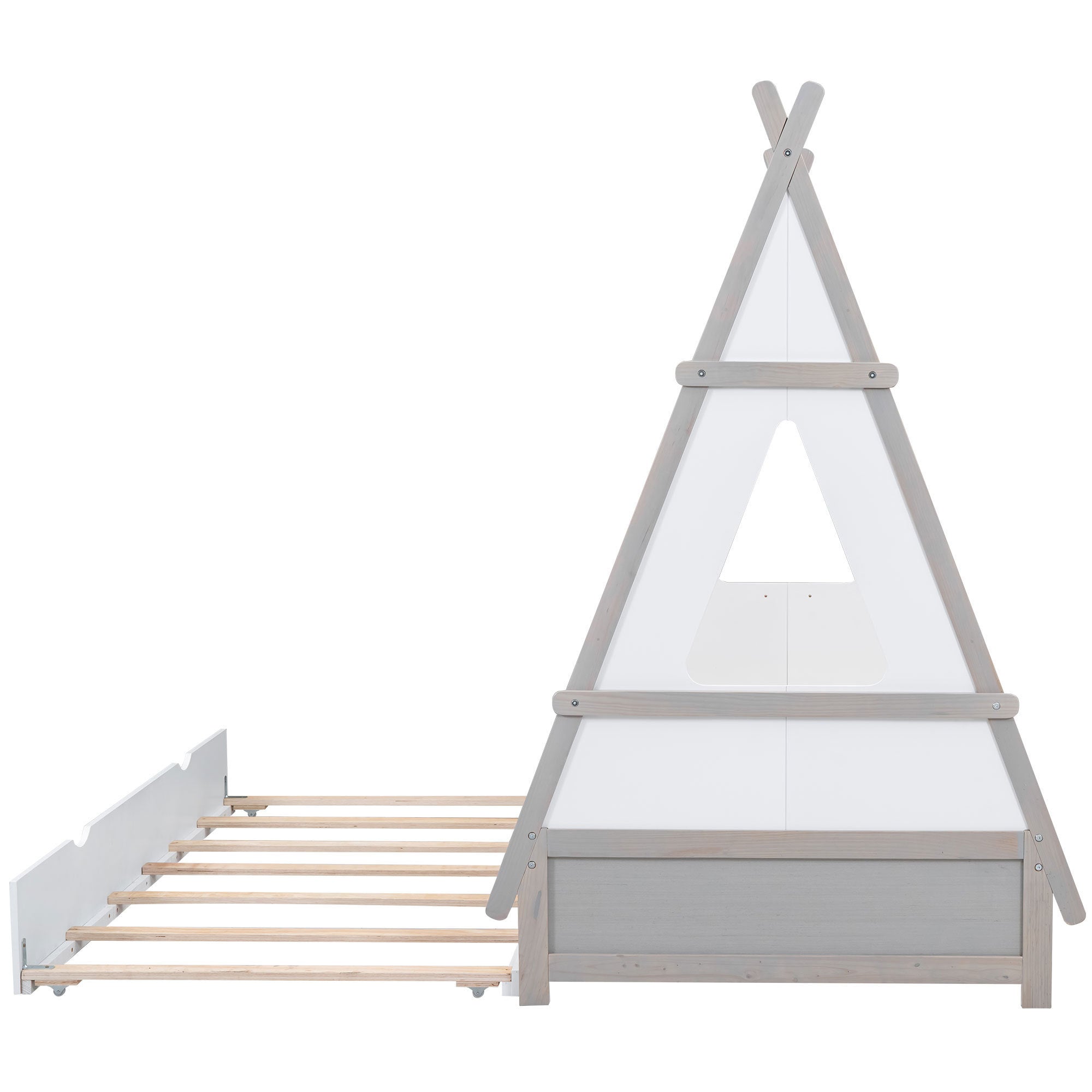 Twin Size Tent Floor Bed with Pull-out Twin Size Trundle, White