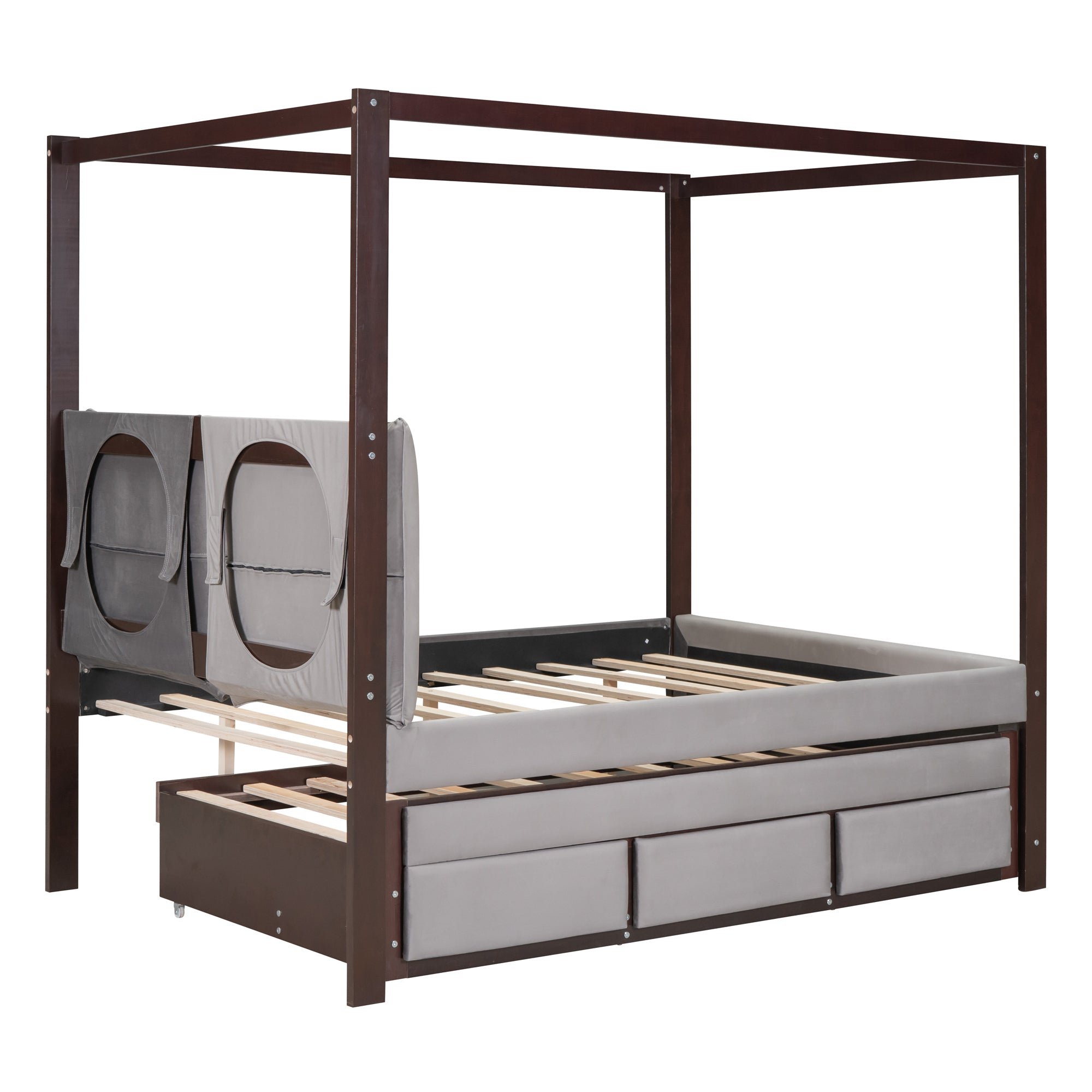 Full Size Upholstered Canopy Bed with Trundle and 3 Drawers, Gray