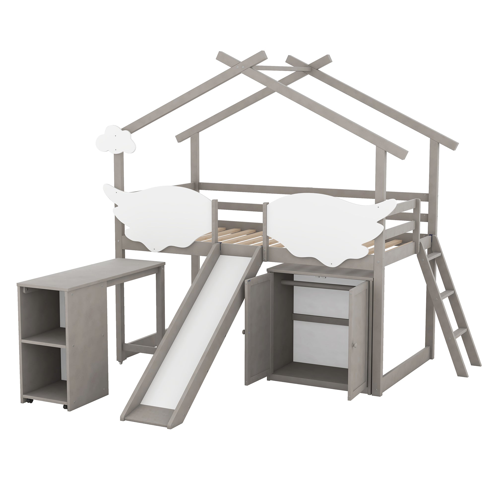 Twin Size House Bed with Wardrobe, Slide and Ladder, Wing-Shaped Fence, Pullable Desk with Storage, Worn Gray+White