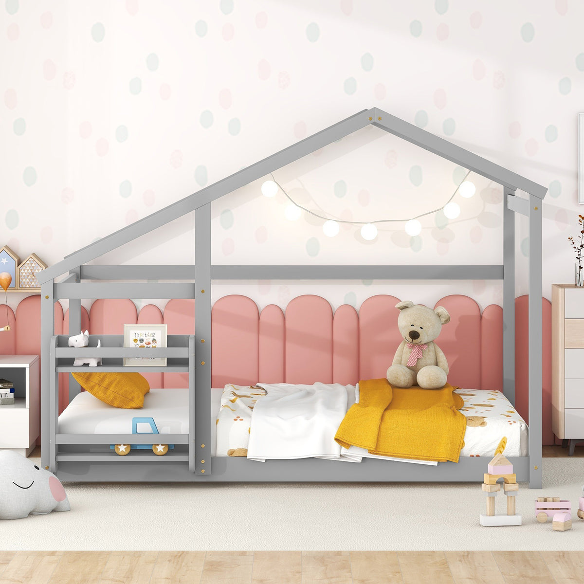 Twin Size Wooden House Bed, Twin Floor Wooden Bed with Shelf, No Box Spring Needed, Gray Color, Twin bed