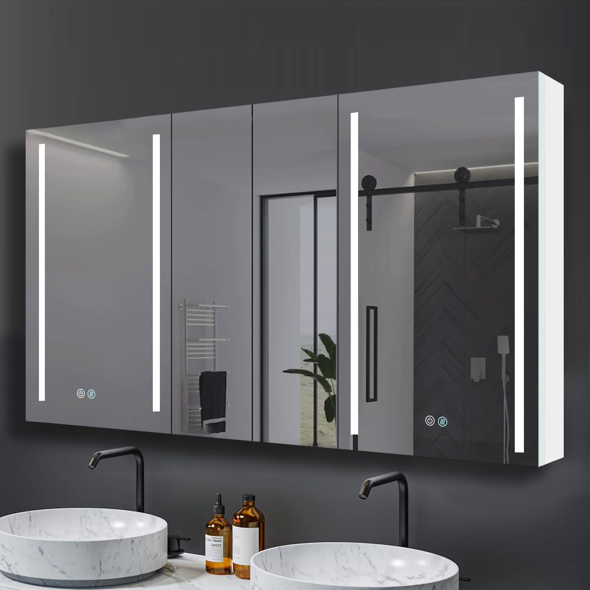 60x30 Inch LED Bathroom Medicine Cabinet Surface Mount Double Door Lighted Medicine Cabinet, Medicine Cabinets for Bathroom with Mirror Defogging, Dimmer White