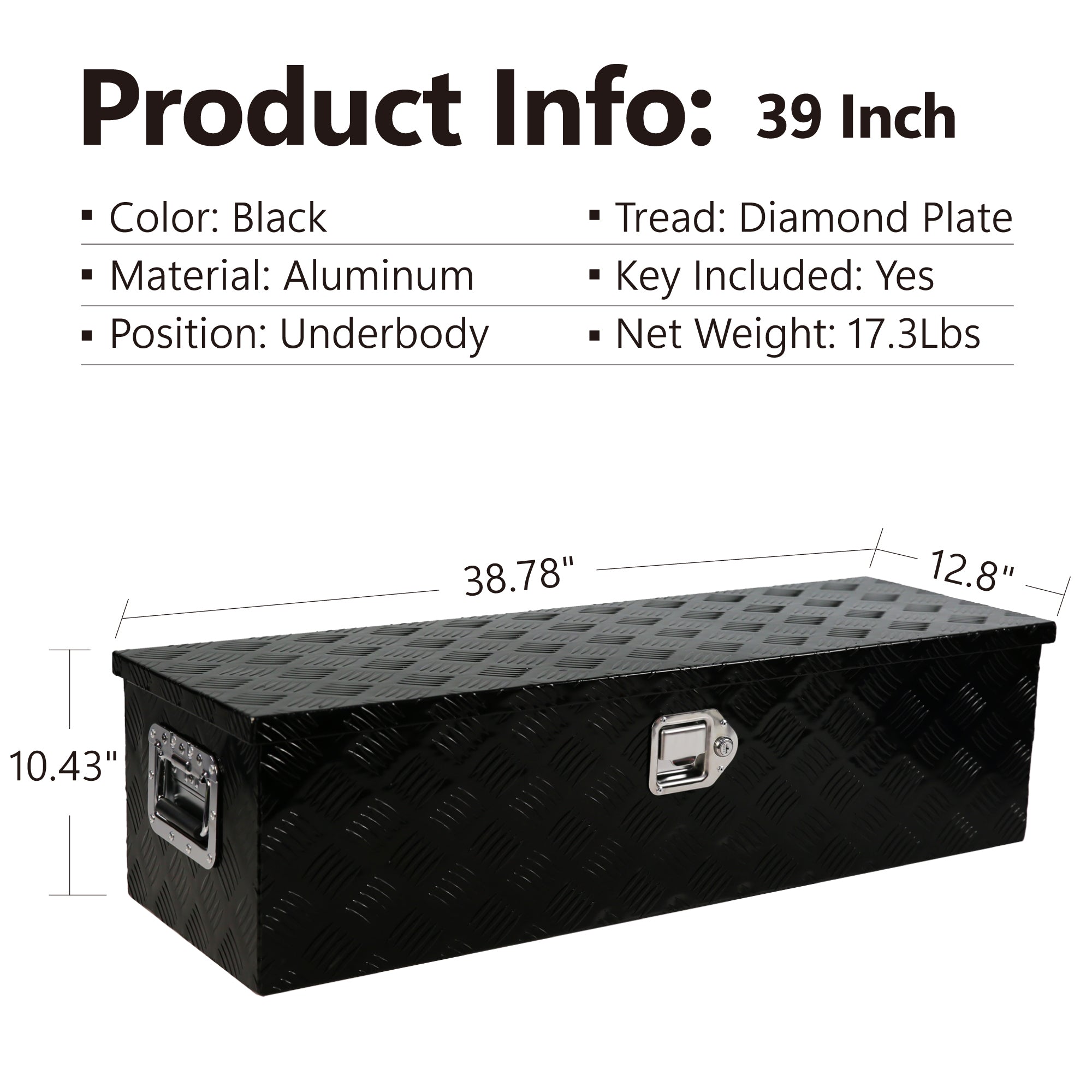 39 Inch Aluminum Truck Tool long Box, Gas Strut, Truck Bed Tool Box with Side Handle ,Lock and 2 Keys, Tool Storage Box for Truck,Trailer,Pickup (38.8"×12.8"×10.4")