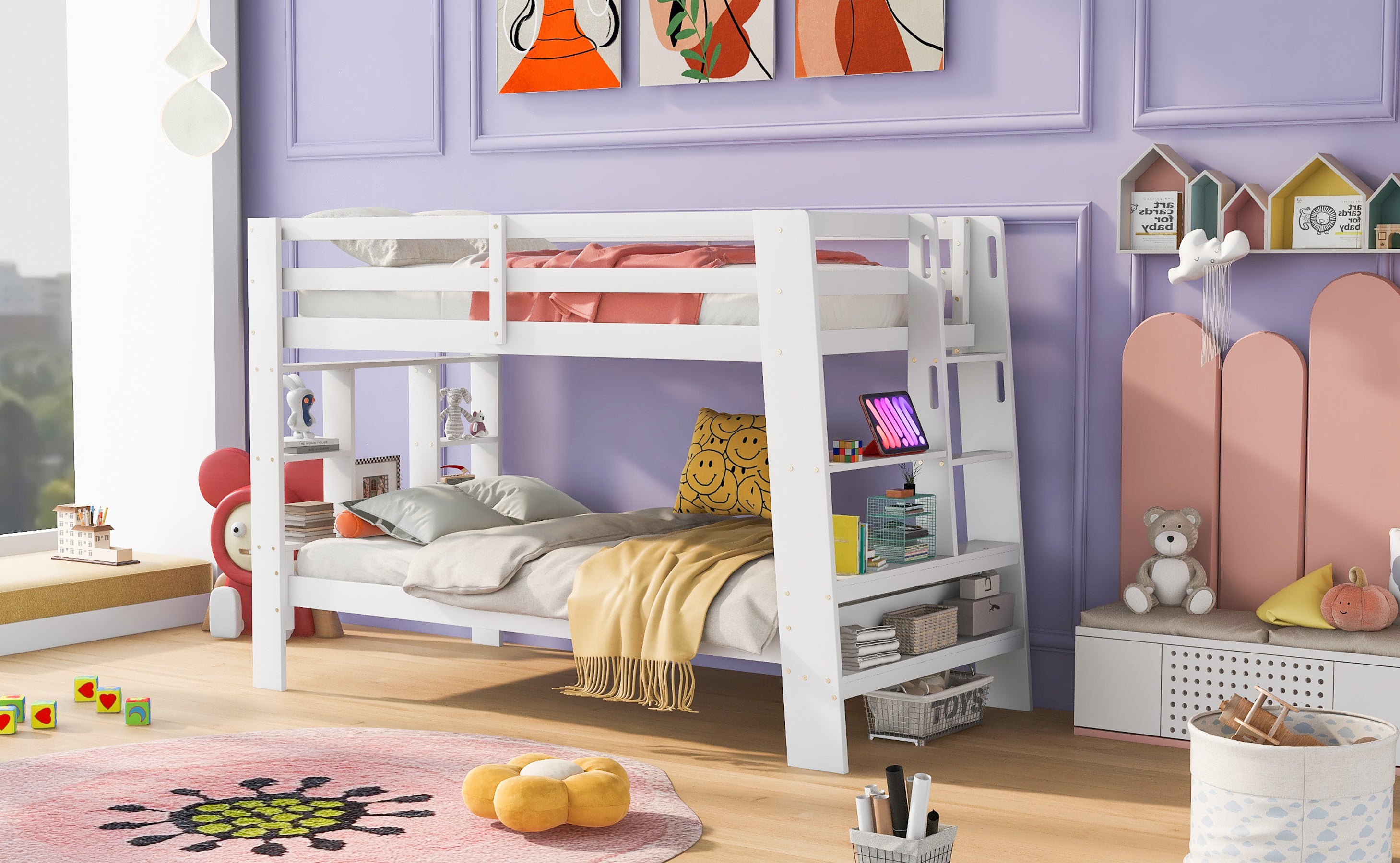 Twin over Twin Bunk Bed with Shelves and Built-in Ladder, White