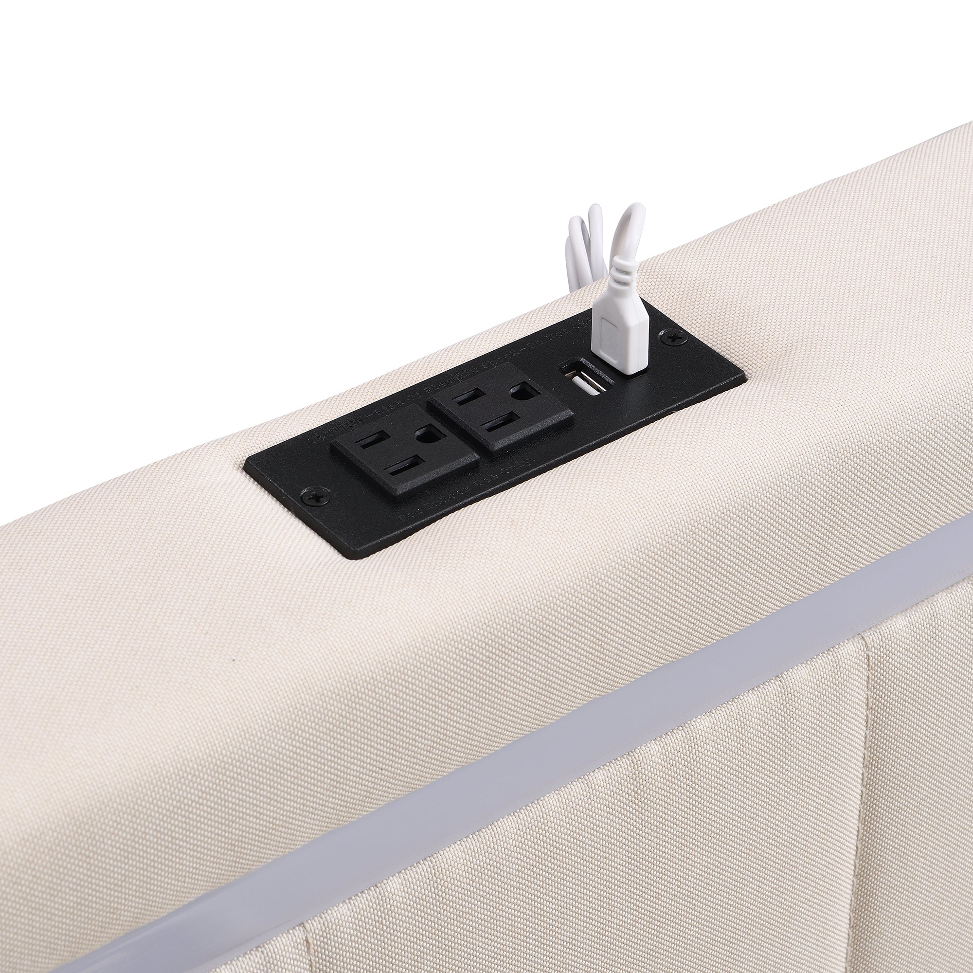 Full Size Upholstered Bed with LED Light and 4 Drawers, Modern Platform Bed with a set of Sockets and USB Ports, Linen Fabric, Beige