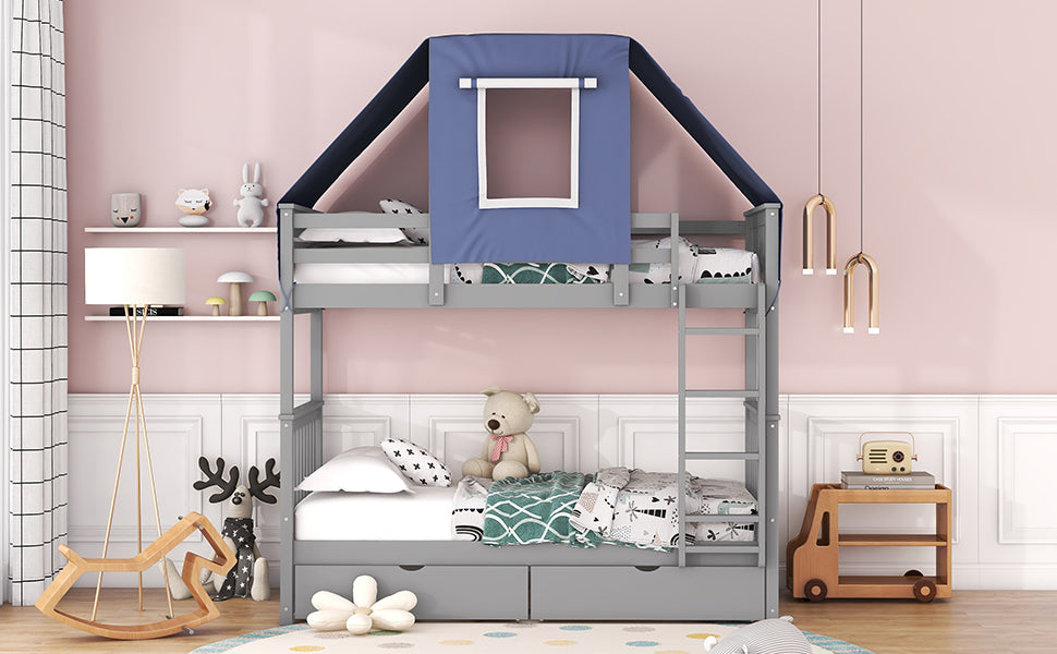 Twin Over Twin Bunk Bed Wood Bed with Tent and Drawers, Gray+Blue Tent