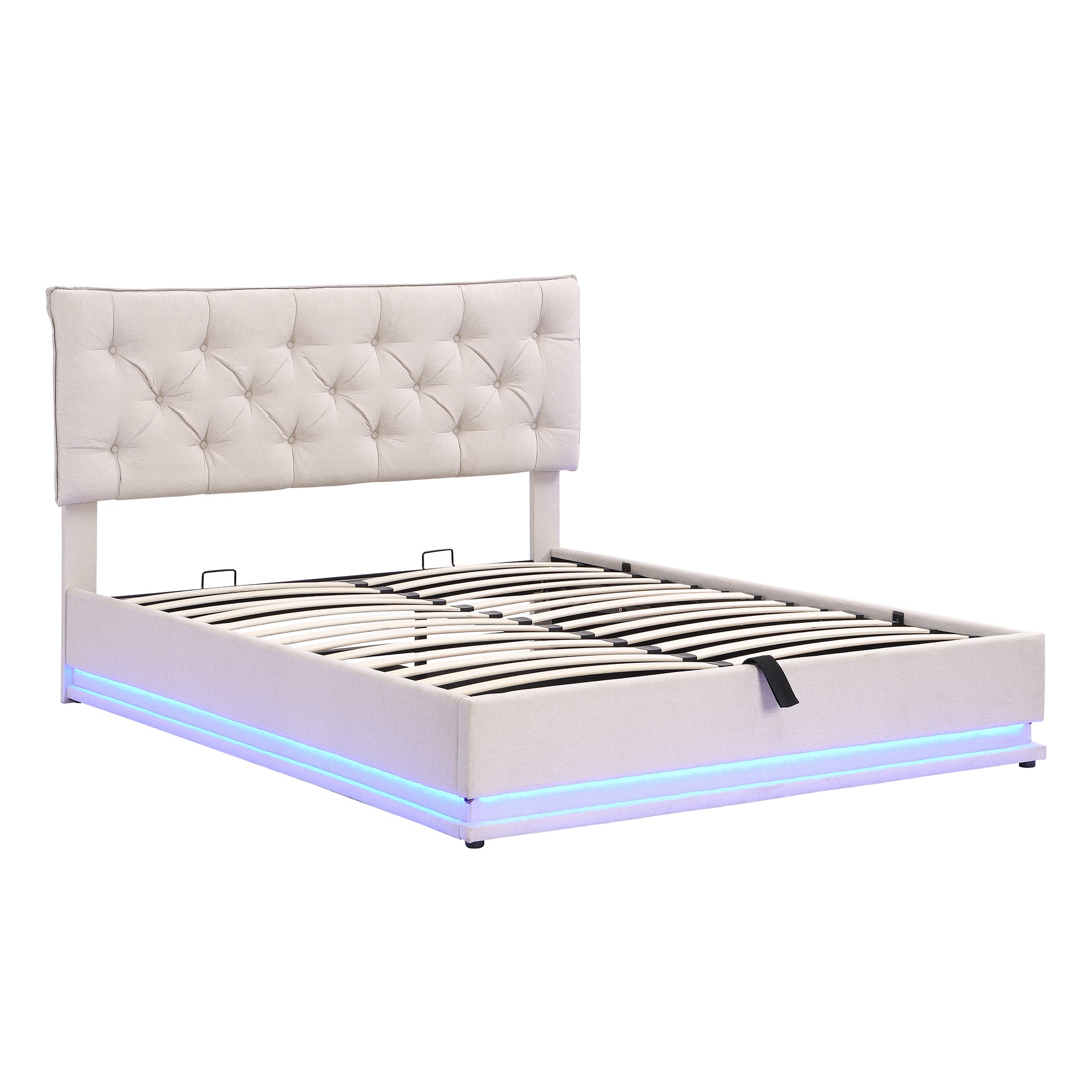 Queen Size Upholstered Bed with Hydraulic Storage System and LED Light, Modern Platform Bed with Button-tufted Design Headboard, Beige