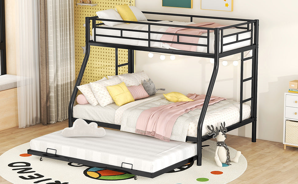 Twin over Full Bed with Sturdy Steel Frame, Bunk Bed with Twin Size Trundle, Two-Side Ladders, Black