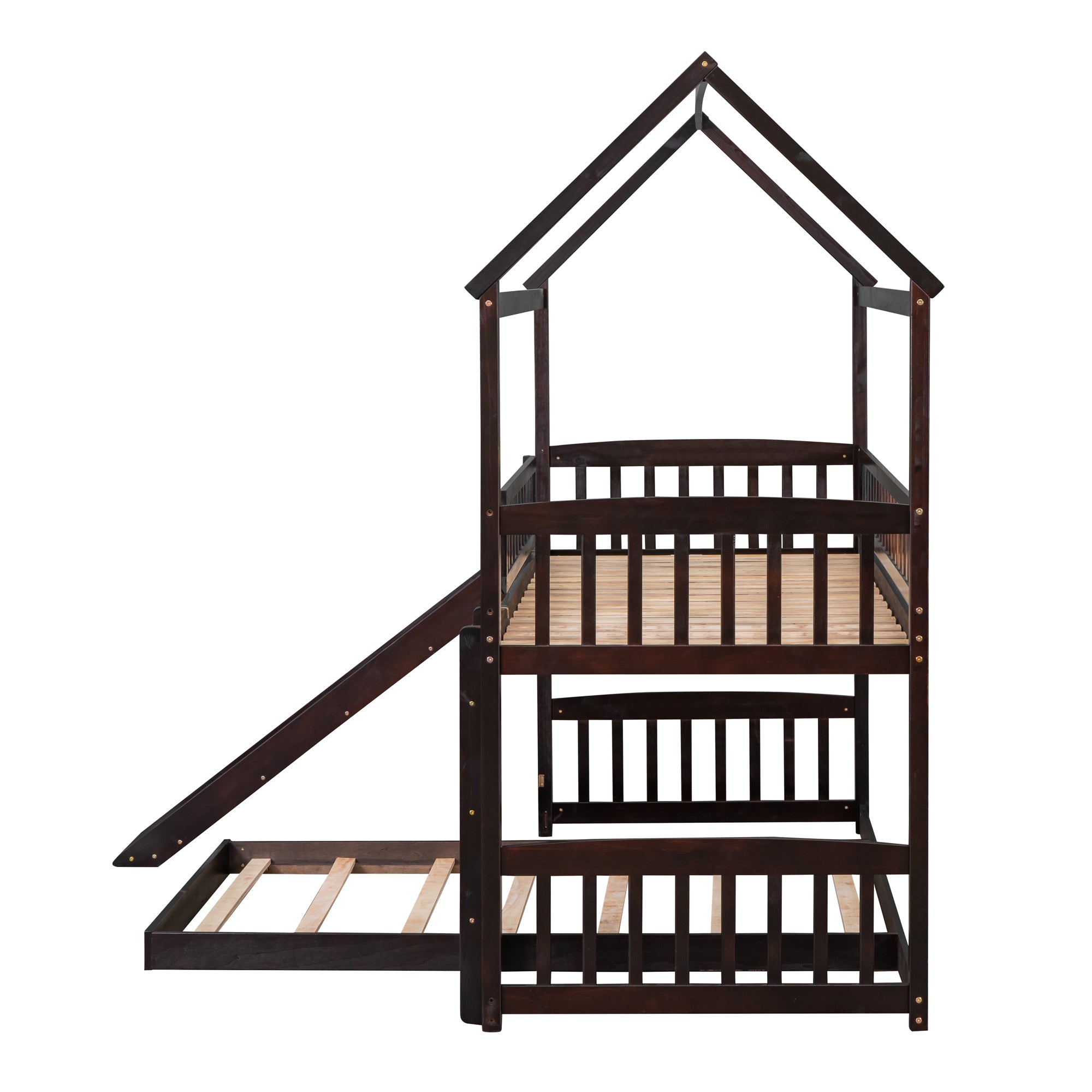 Twin Over Twin Bunk Bed with Slide, House Bed with Slide, Espresso(OLD SKU: LT000214AAP)