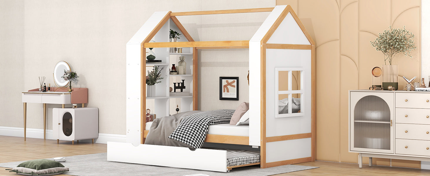 Twin Size House Platform Bed with Storage Shelves and Twin Size Trundle, White