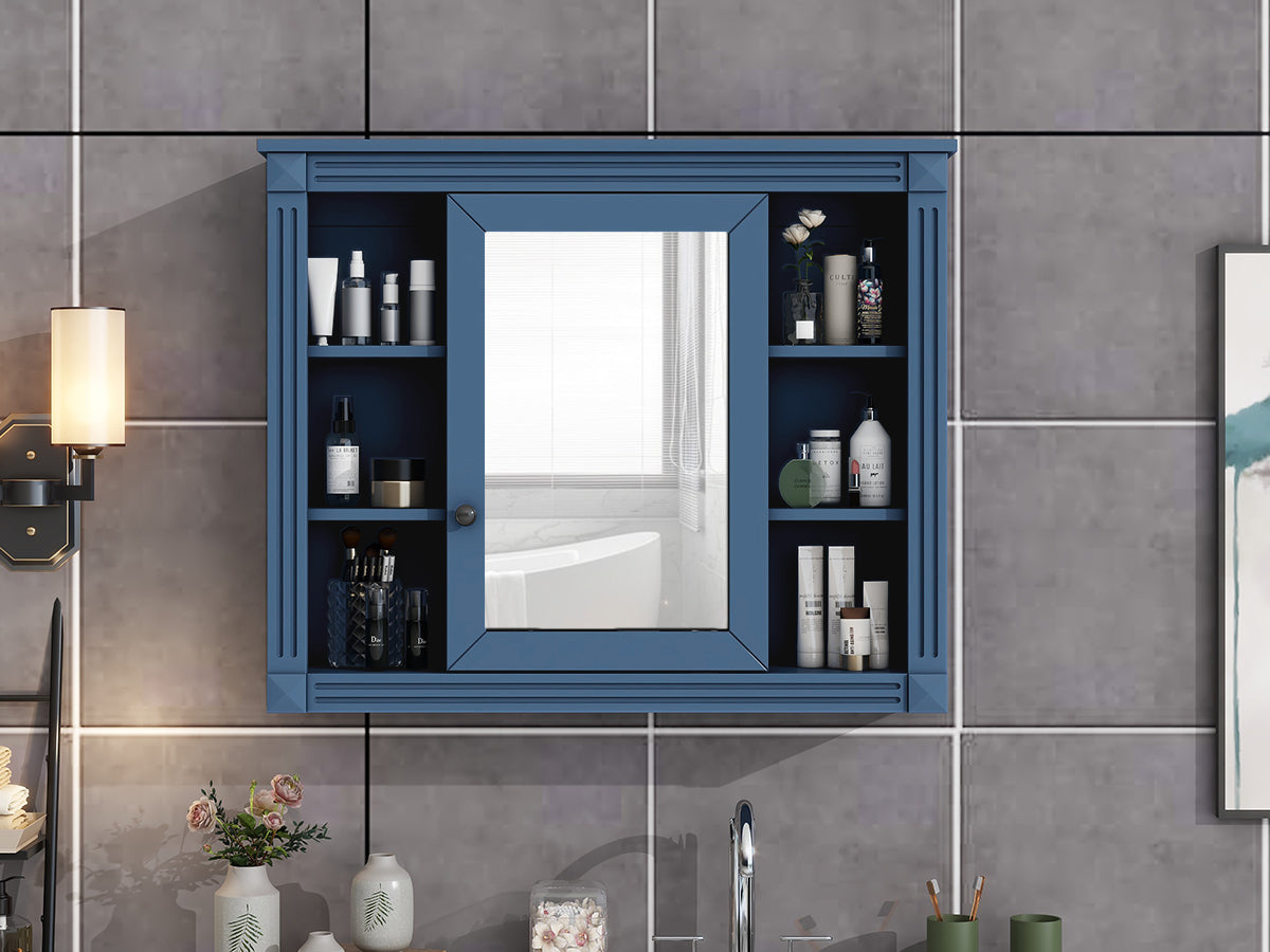 35'' x 28'' Royal Blue Wall Mounted Bathroom Storage Cabinet, Modern Bathroom Wall Cabinet with Mirror, Mirror Cabinet with 6 Open Shelves