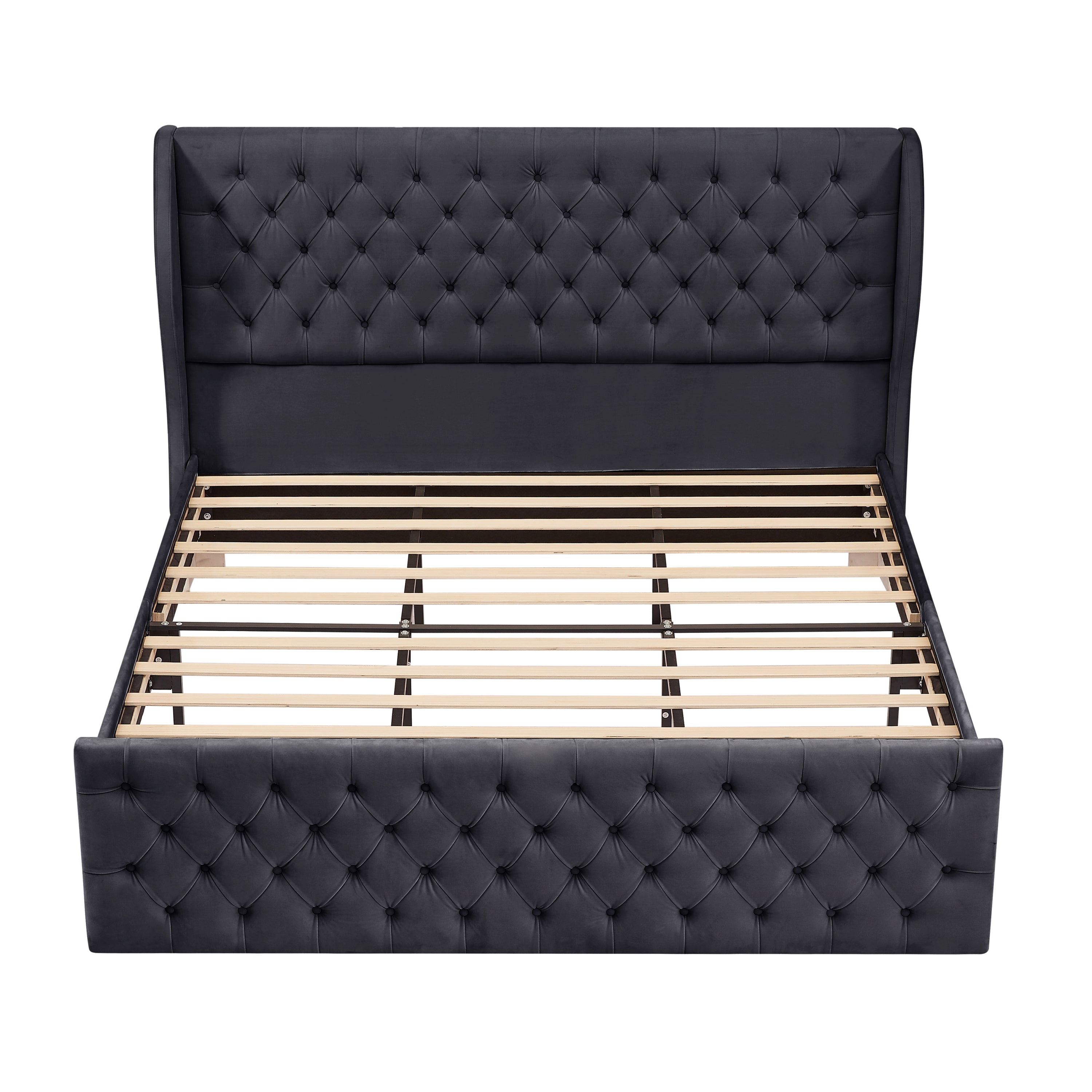 Rodeo Drive Collection Upholstered Wingback Velvet Fabric Chesterfield Bed/Button Tufted Headboard with Vintage Wing/Wood Slat Support/Easy Assemble. King-Black
