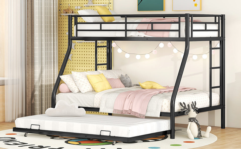 Twin over Full Bed with Sturdy Steel Frame, Bunk Bed with Twin Size Trundle, Two-Side Ladders, Black
