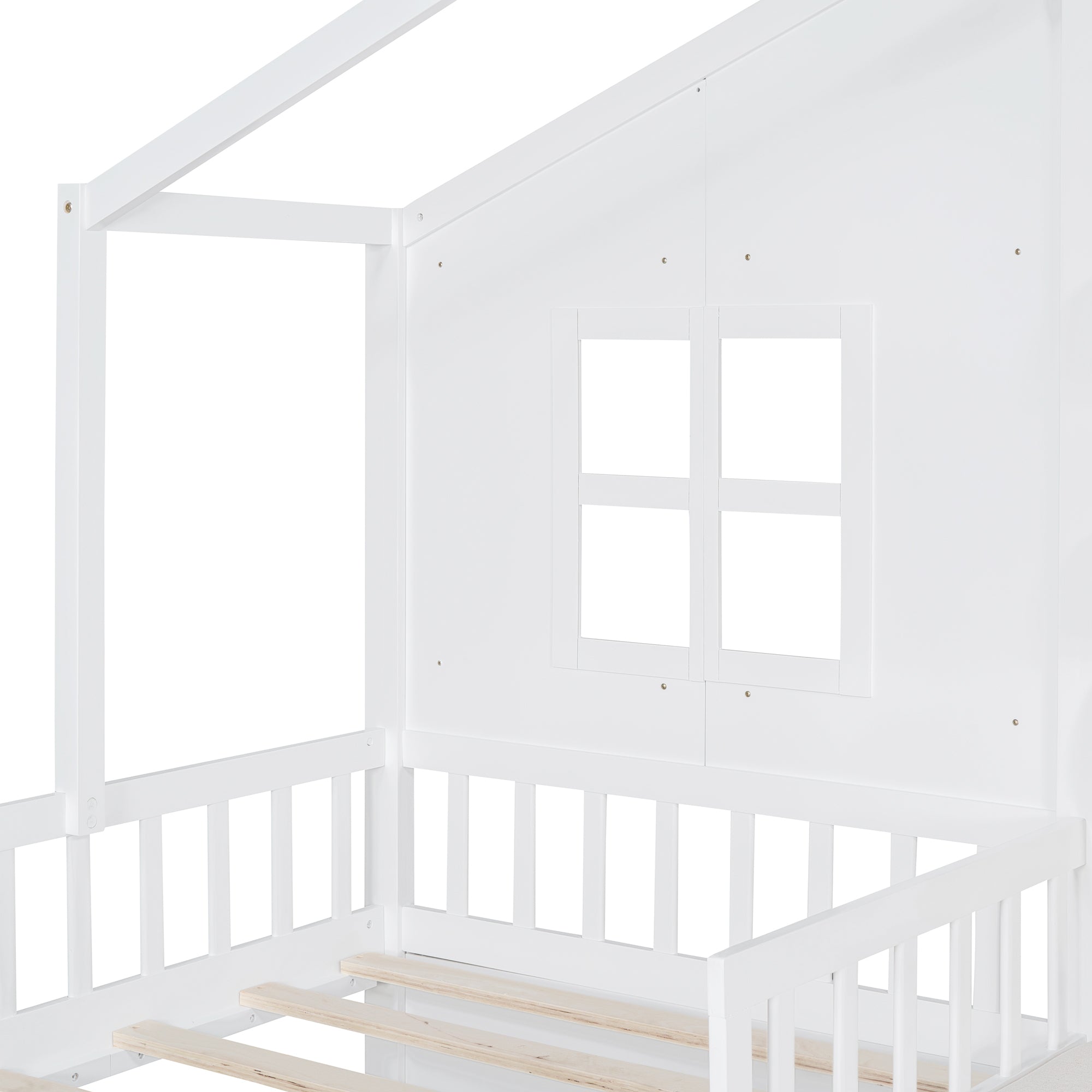 Twin Size House Bed with Sofa, Kids Platform Bed with Two Drawers and Storage Shelf, White