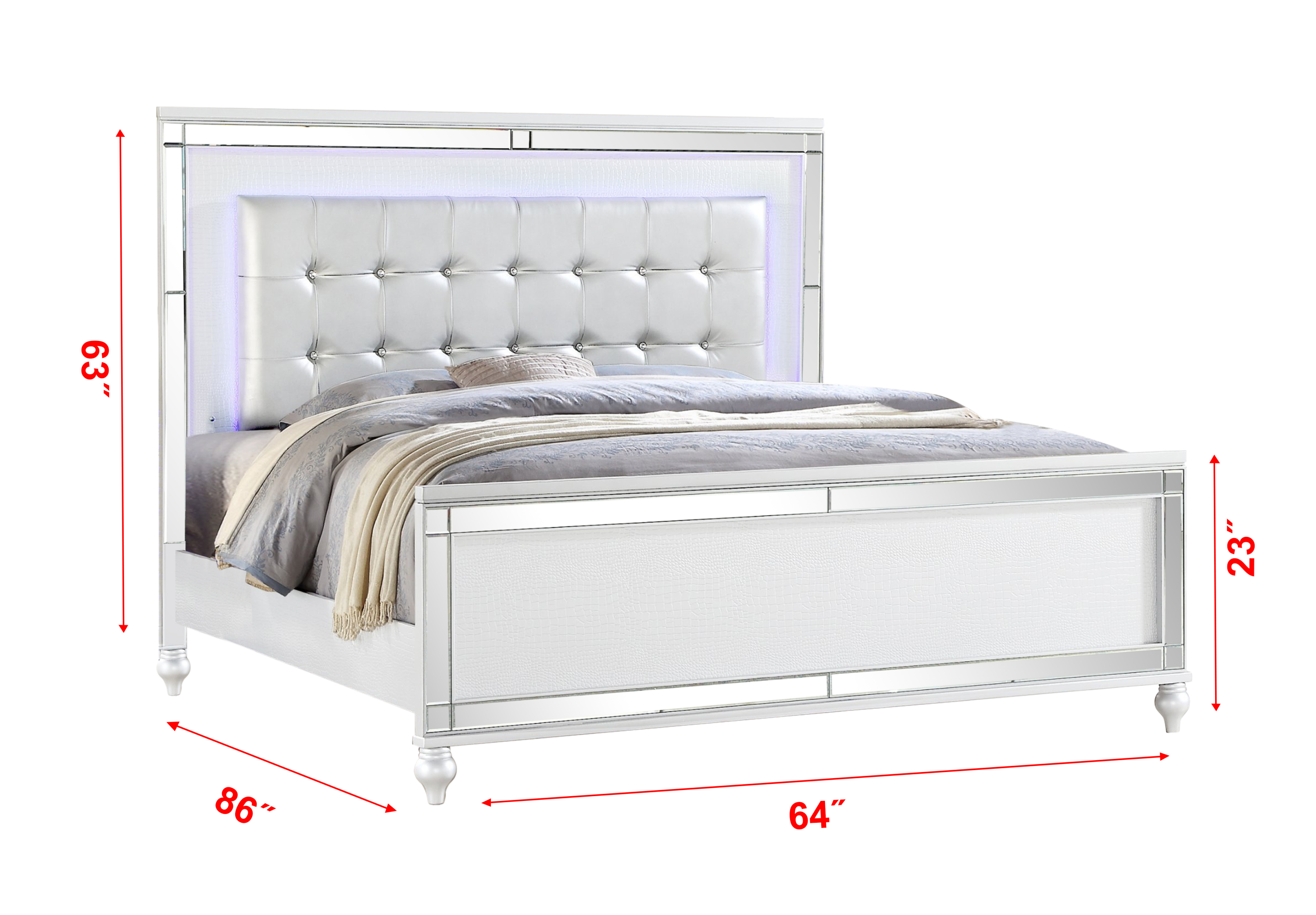 Sterling Queen Size Upholstered LED Bed made with wood in White Color