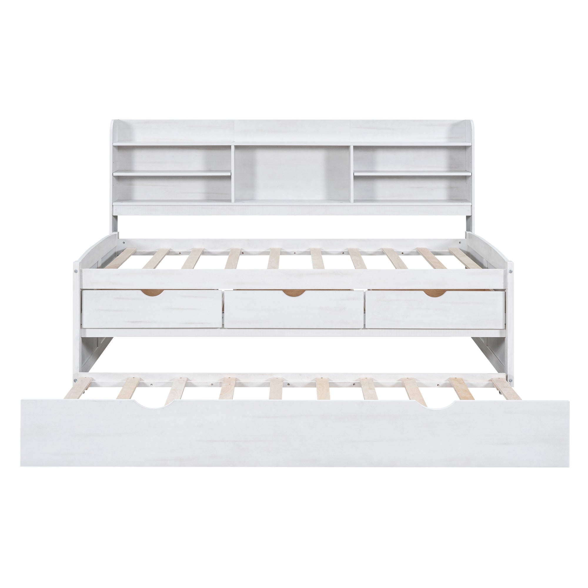 Twin Size Wooden Captain Bed with Built-in Bookshelves,Three Storage Drawers and Trundle, White Wash(Expected Arrivial Time: 11.17)