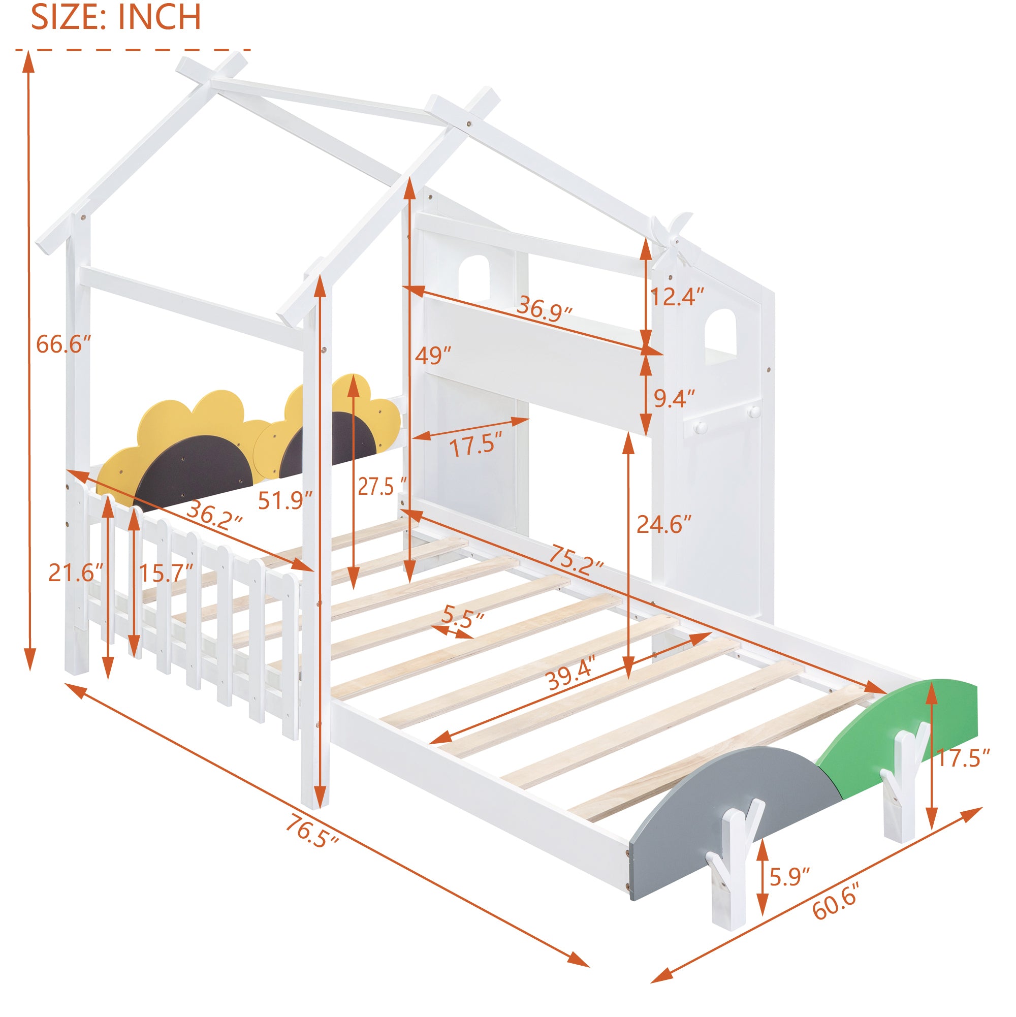 Twin Size Platform Bed with Windmill and Flower Decor, House Bed with Desk and two Handles, White