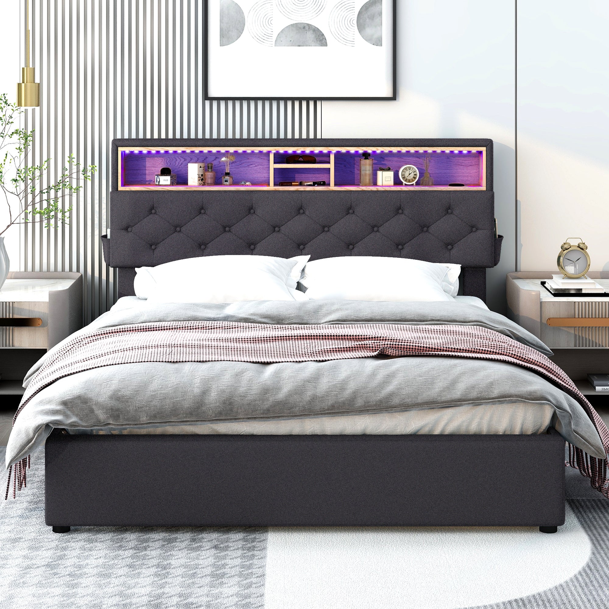 Queen Size Upholstered Platform Bed with Storage Headboard, LED, USB Charging and 2 Drawers, Dark Gray