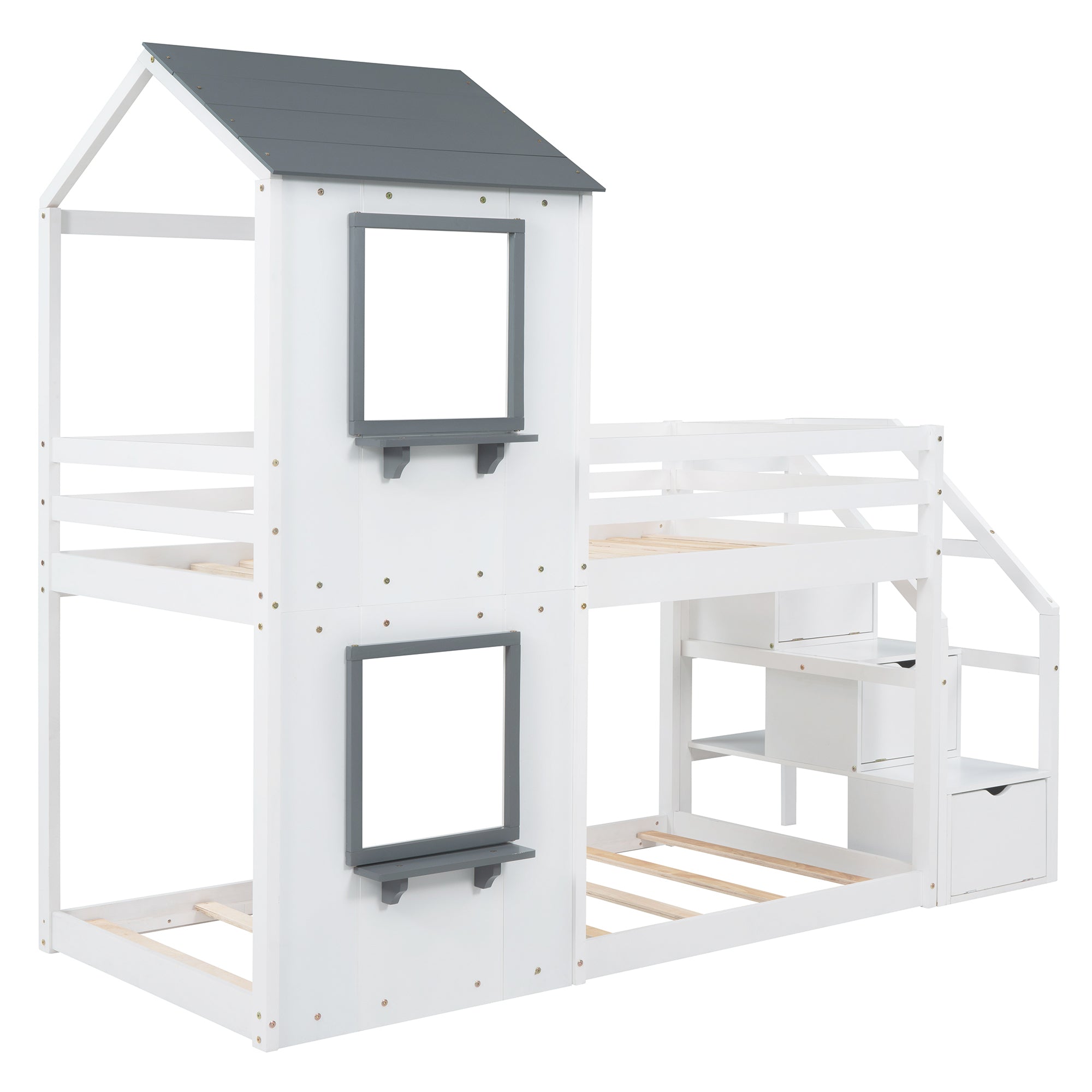 Twin Over Twin Bunk Bed with Storage Stairs,Wood Bed with Roof, Window, Guardrail, Ladder, White