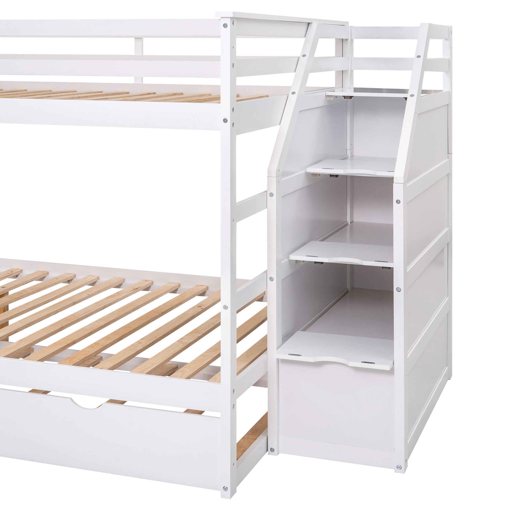 Full-over-Full Bunk Bed with Twin Size Trundle and 3 Storage Stairs,White
