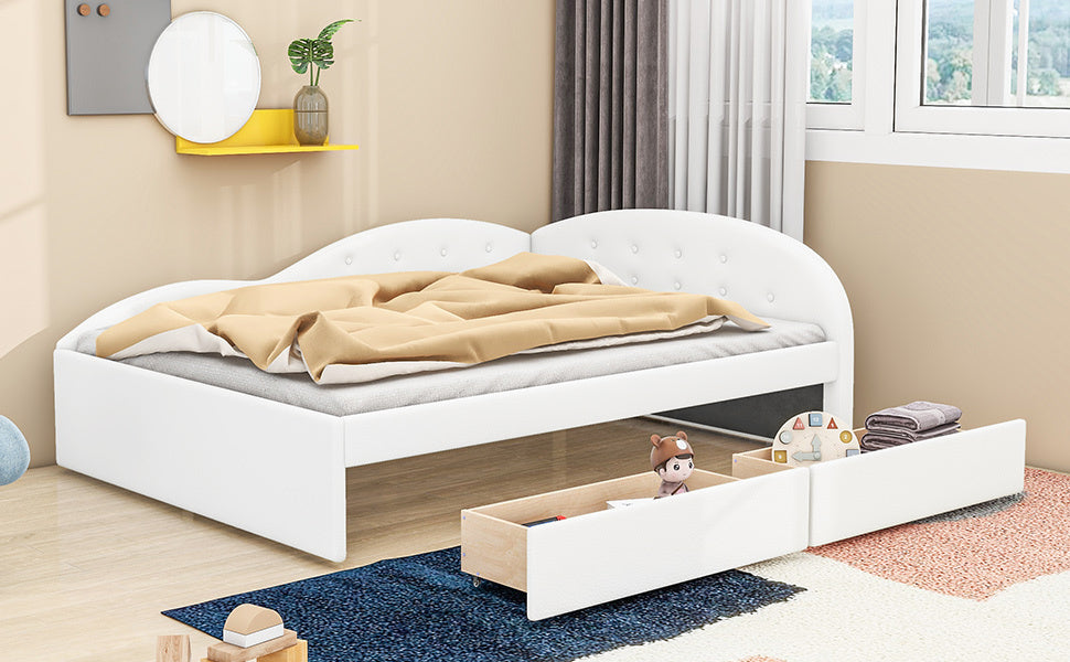 Full Size PU Upholstered Tufted Daybed with Two Drawers and Cloud Shaped Guardrail, White