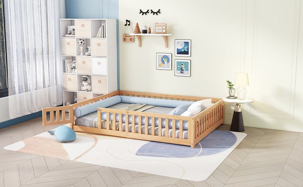 Queen Size Bed Floor Bed with Safety Guardrails and Door for Kids, Natural (Expect Arrival Date Nov.2nd)