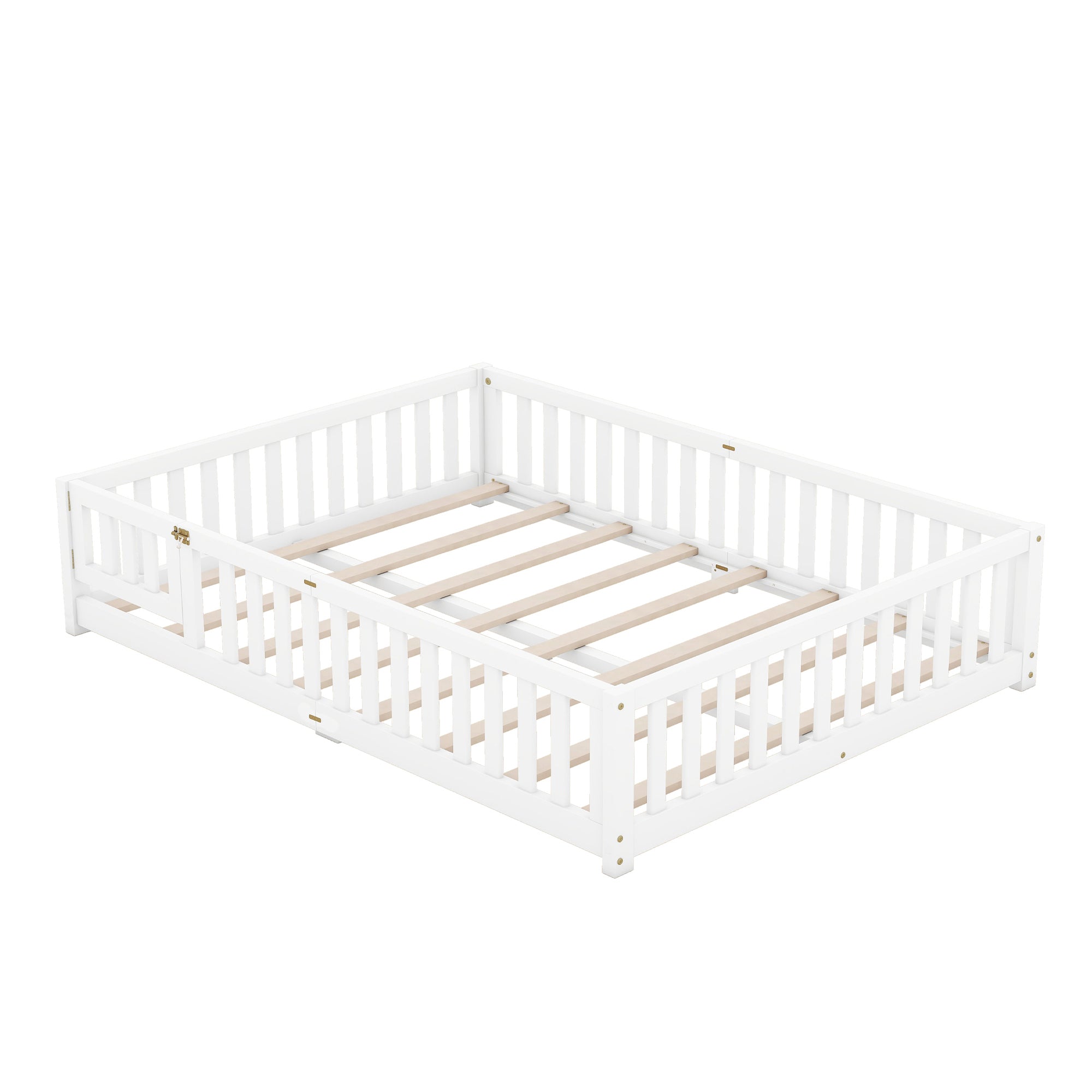 Queen Size Bed Floor Bed with Safety Guardrails and Door for Kids, White (Expect Arrival Date Nov.2nd)