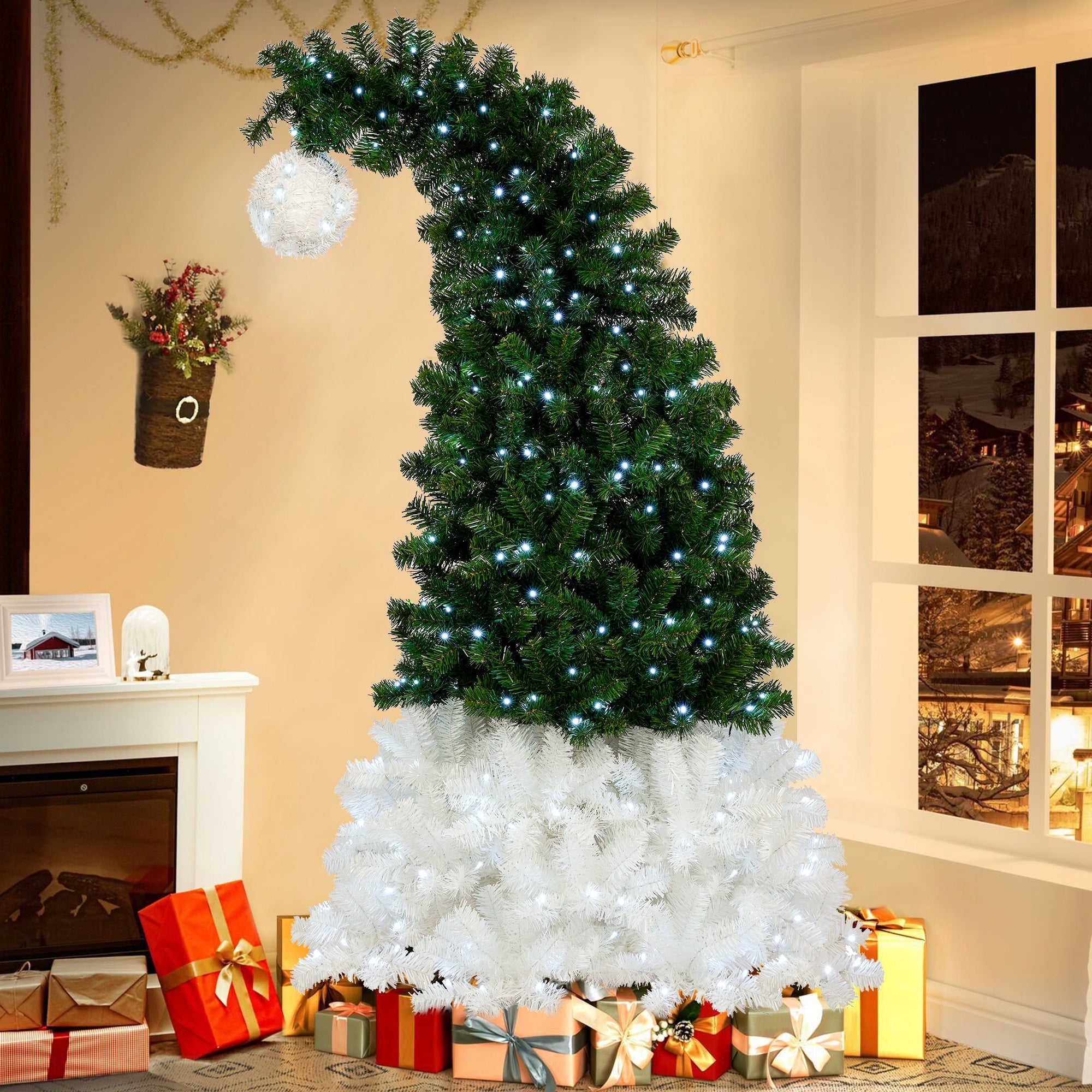 6FT Hinged Fir Artificial Fir Bent Top Christmas Tree, Xmas Tree Bendable Santa Hat Style Christmas Tree Holiday Decoration,1250 Lush Branch Tips, 300 LED Lights X-mas