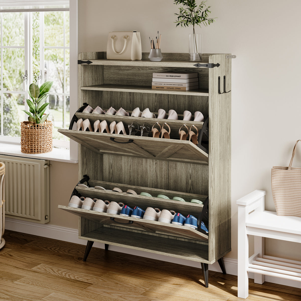 Farmhouse Shoe Rack, Freestanding Shoe Cabinet with 2 Flip Drawers for Entryway