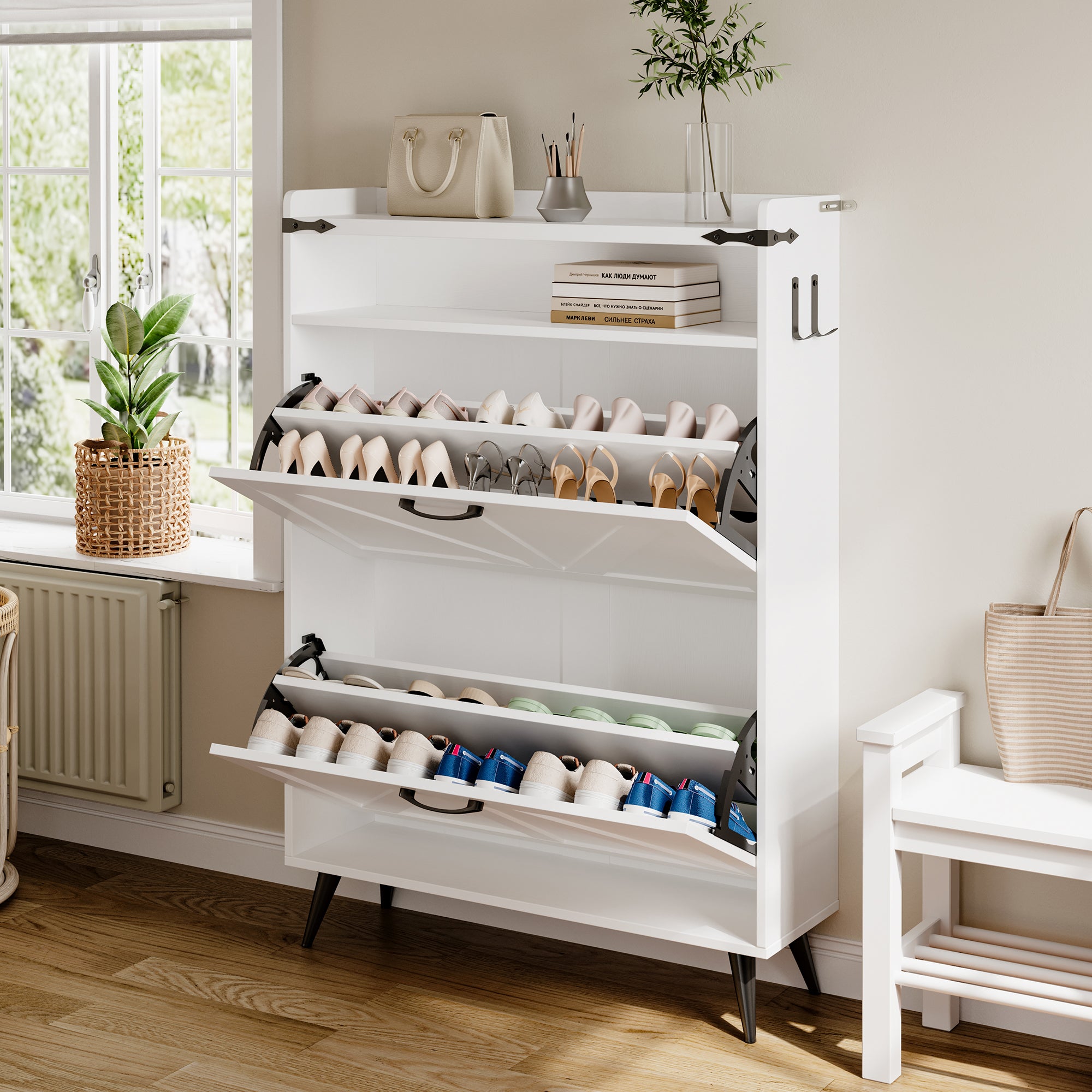 Farmhouse Shoe Rack, Freestanding Shoe Cabinet with 2 Flip Drawers for Entryway