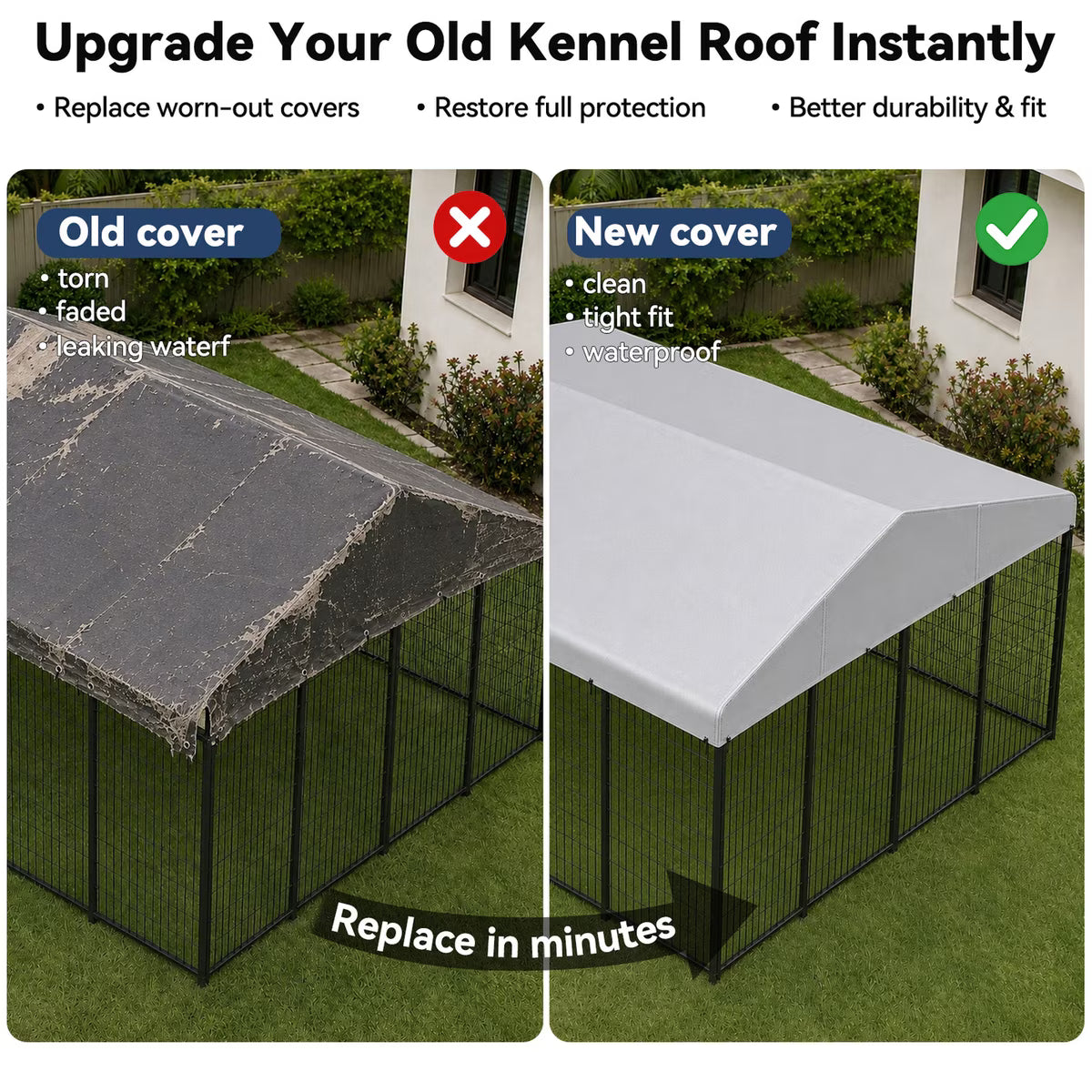 Outdoor Waterproof Canopy Replacement Roof Shade Cover Dog Kennel Accessory, Silver, 10 x 10 x 2.5-in