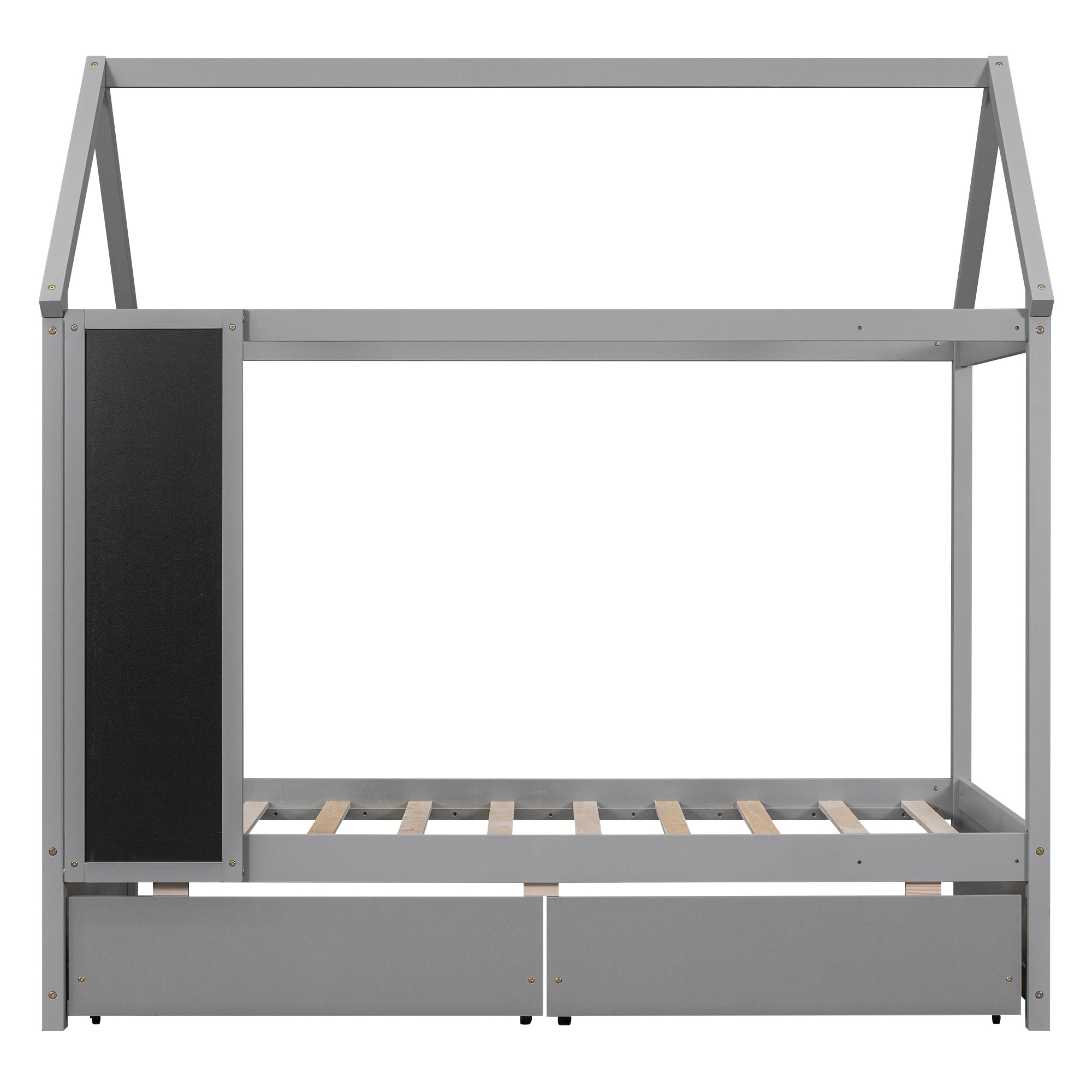 Twin Size House Bed with Drawers and Blackboard, Gray