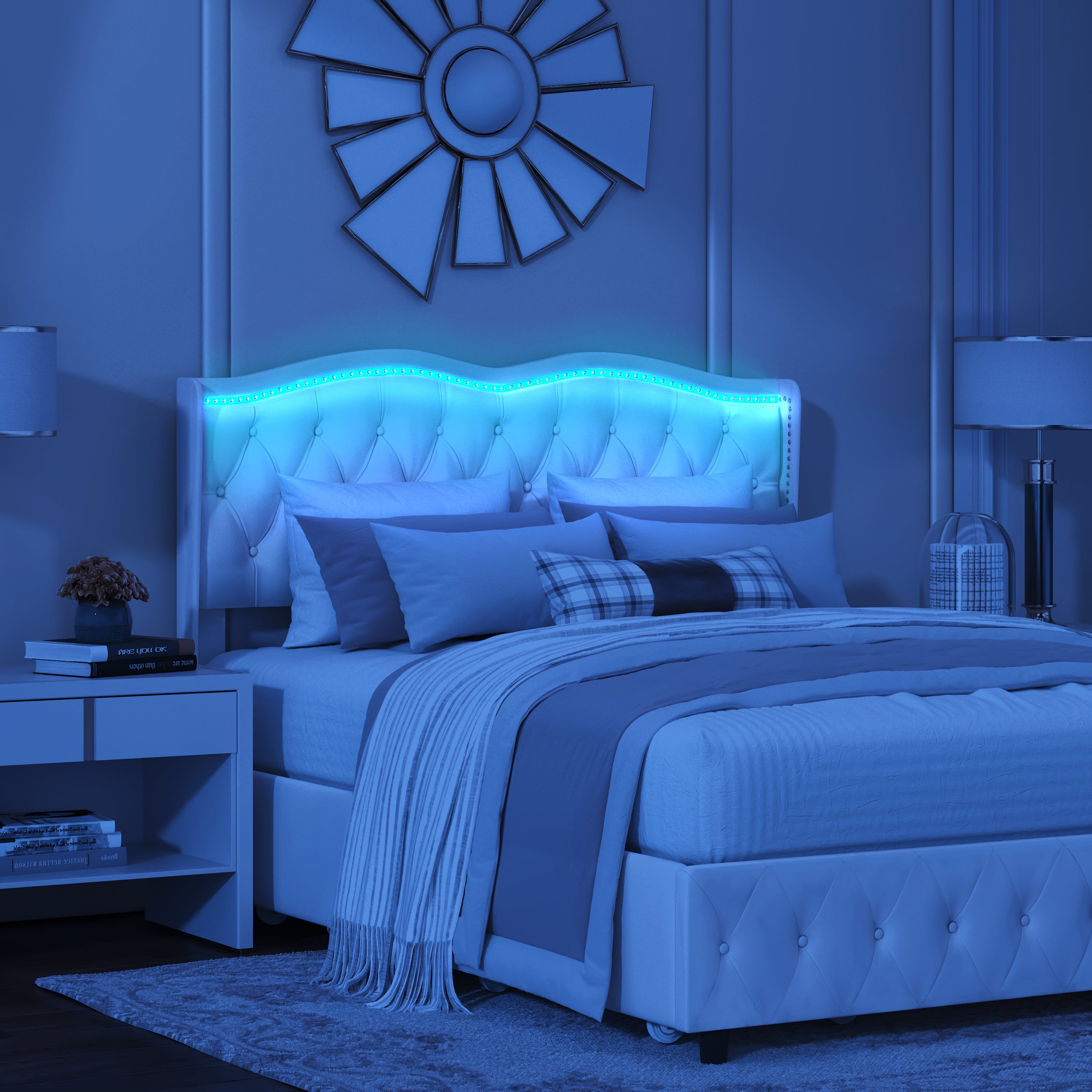 Queen Platform Bed Frame , Velvet Upholstered Bed with Deep Tufted Buttons and Nailhead Trim, Adjustable Colorful LED Light Decorative Headboard, Bed Sides with Pull-Out Storage 4 Drawers, Black