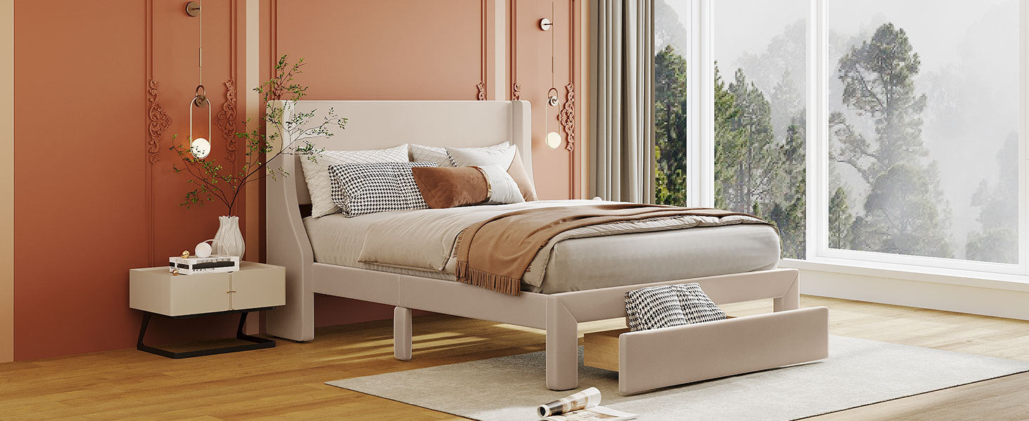 Full Size Storage Bed Velvet Upholstered Platform Bed with a Big Drawer - Beige
