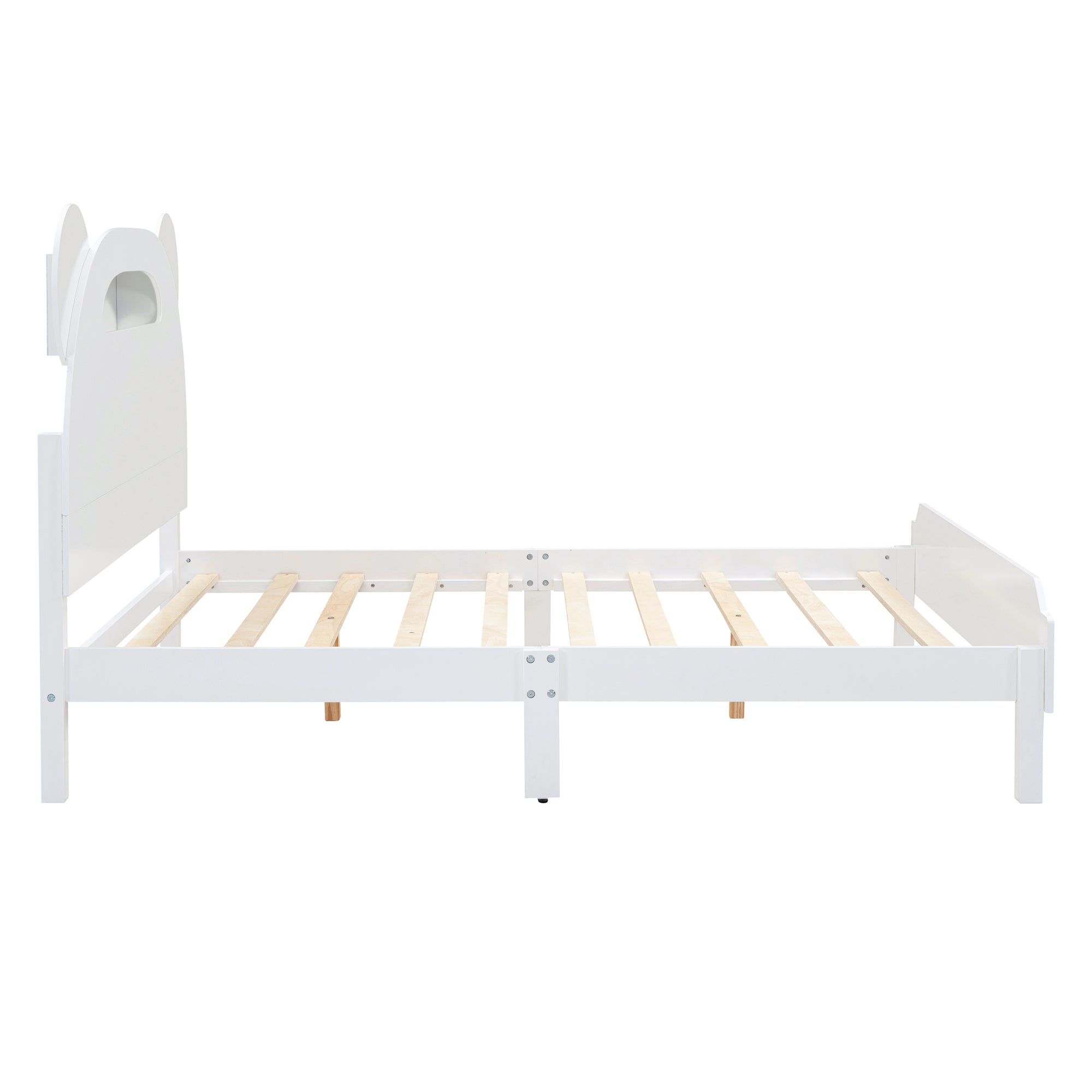 Full Size Wood Platform Bed with Bear-shaped Headboard,Bed with Motion Activated Night Lights,White