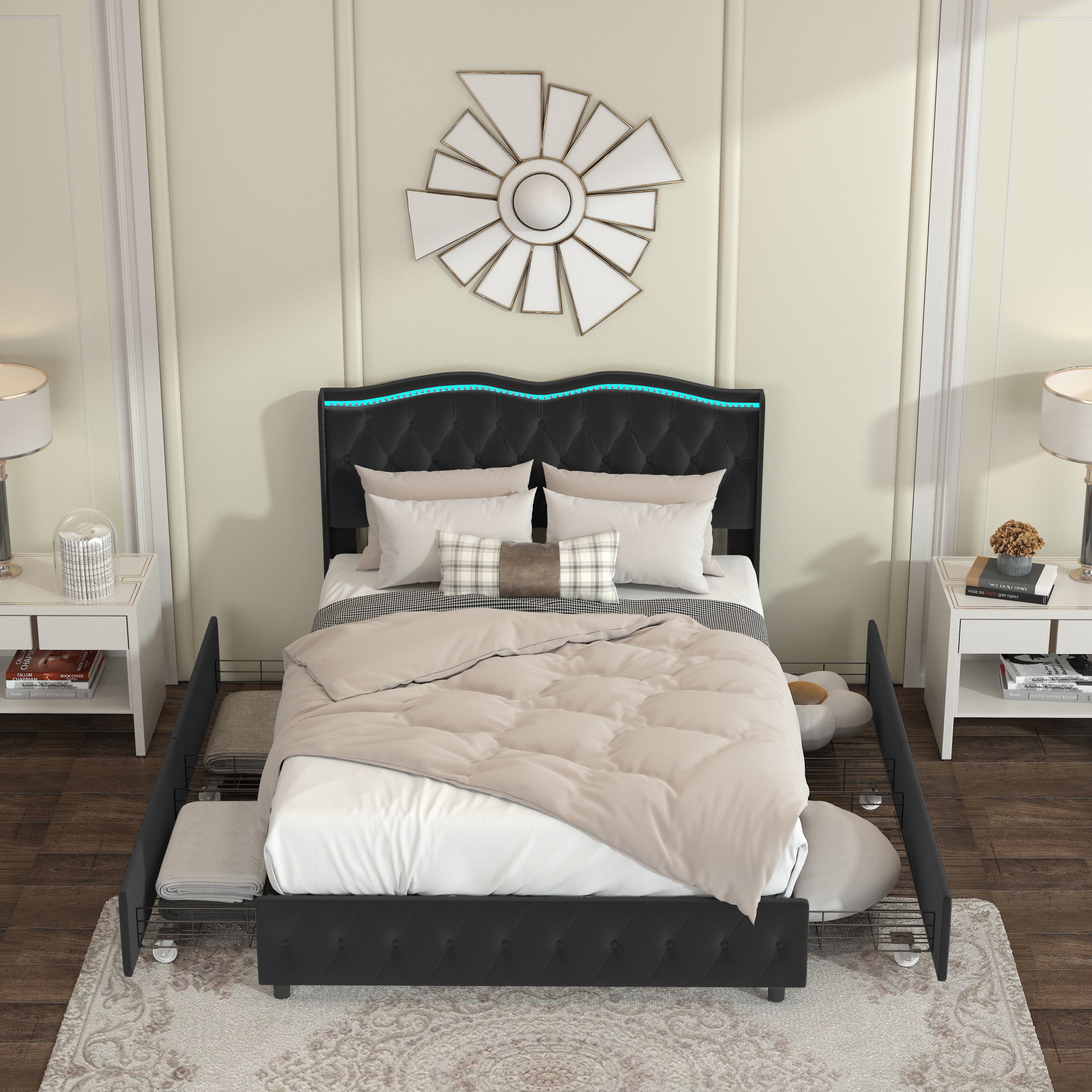 Queen Platform Bed Frame , Velvet Upholstered Bed with Deep Tufted Buttons and Nailhead Trim, Adjustable Colorful LED Light Decorative Headboard, Bed Sides with Pull-Out Storage 4 Drawers, Black